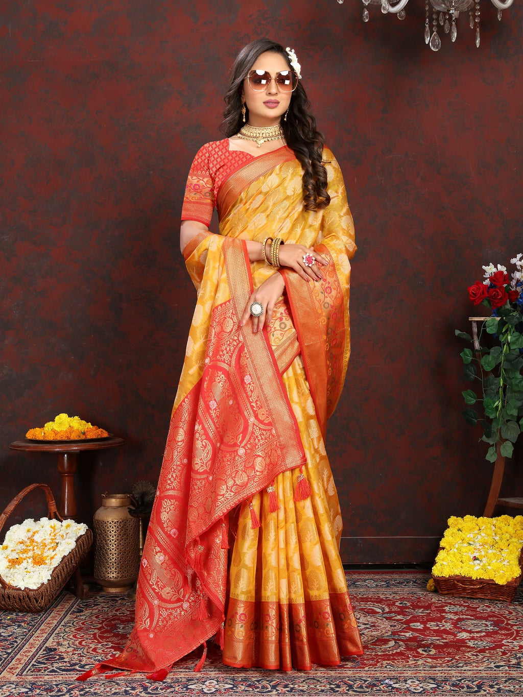 Vedant Vastram Mustard Color Kanjeevaram Organza Silk Saree - Mustard