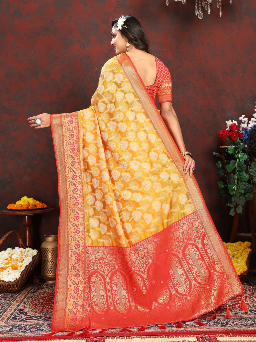 Vedant Vastram Mustard Color Kanjeevaram Organza Silk Saree - Mustard