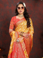 Vedant Vastram Mustard Color Kanjeevaram Organza Silk Saree - Mustard