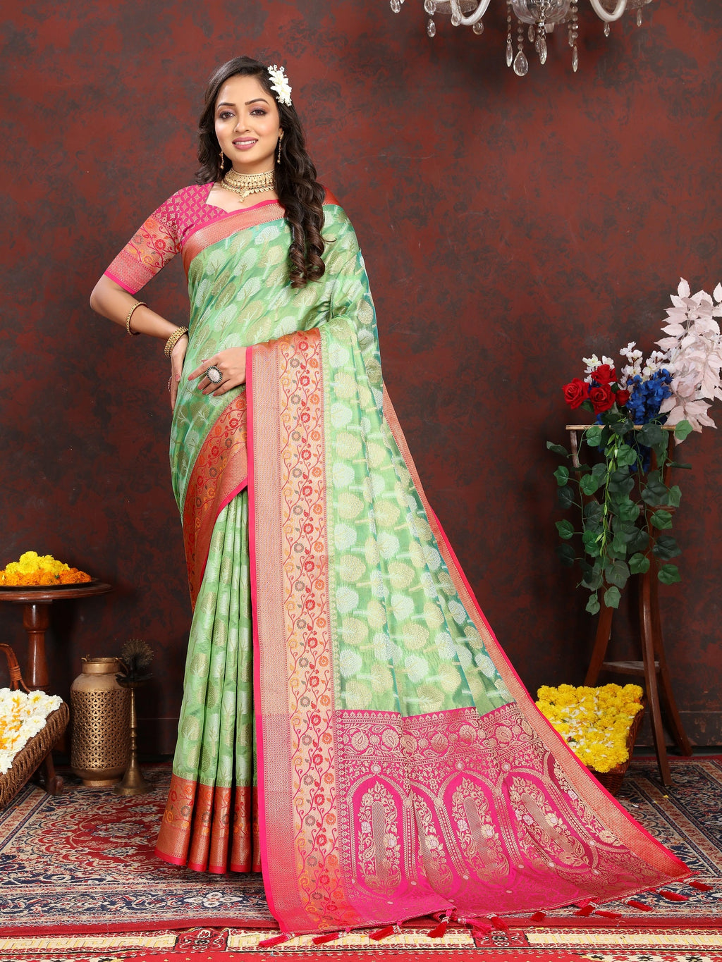 Vedant Vastram Parrot Color Kanjeevaram Organza Silk Saree - Parrot