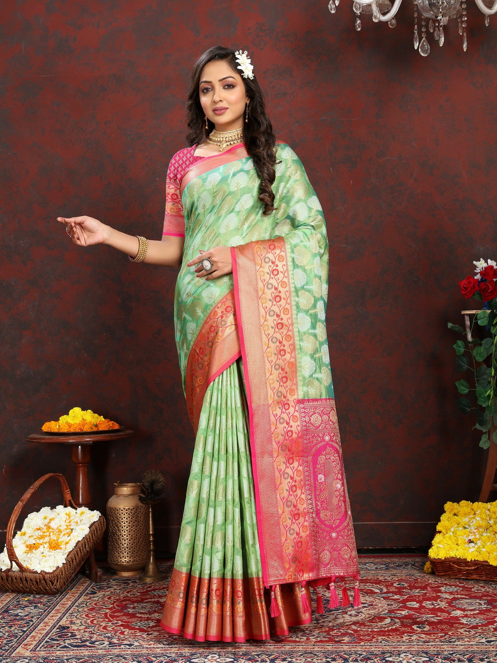 Vedant Vastram Parrot Color Kanjeevaram Organza Silk Saree - Parrot