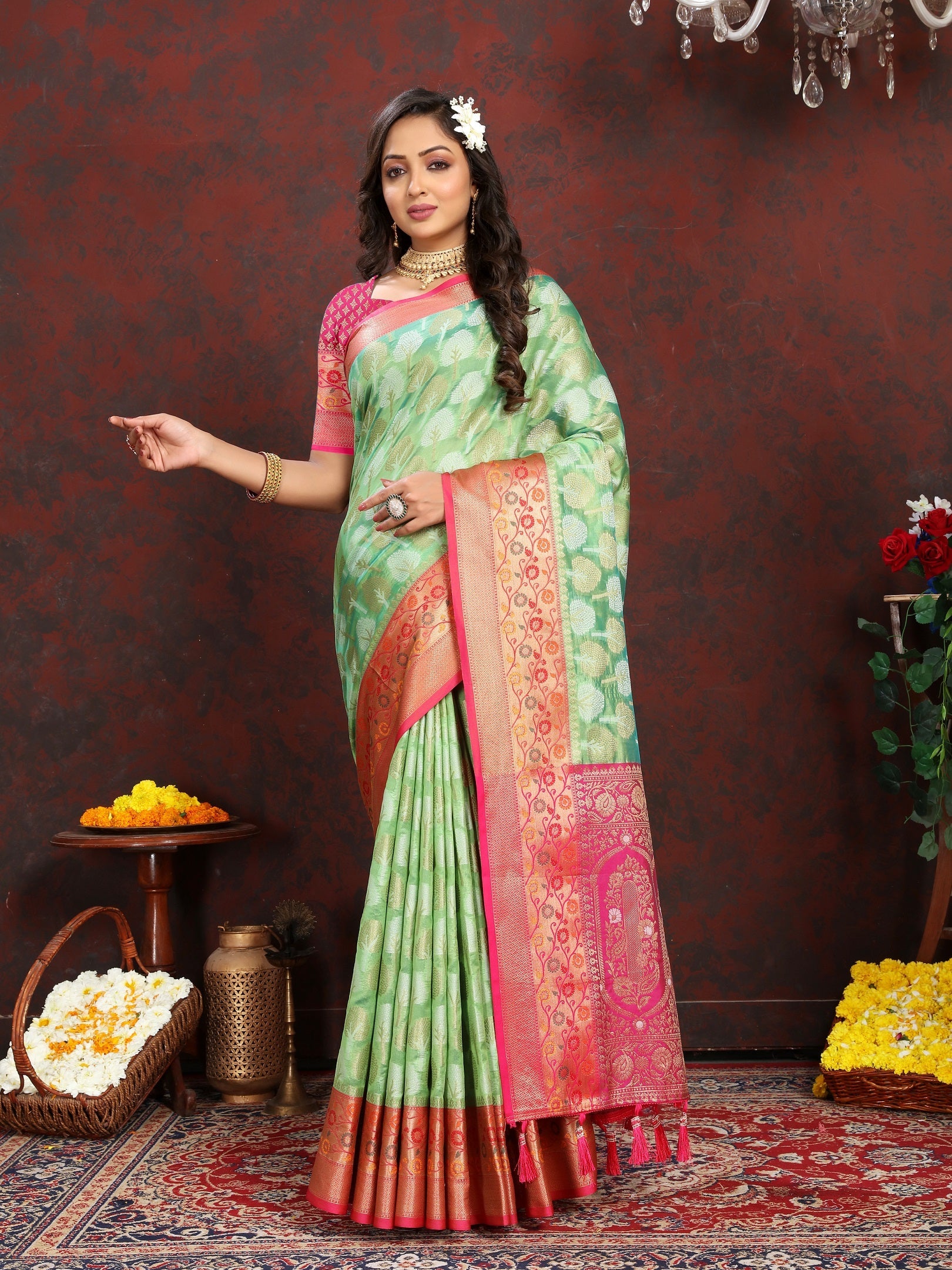 Vedant Vastram Parrot Color Kanjeevaram Organza Silk Saree - Parrot