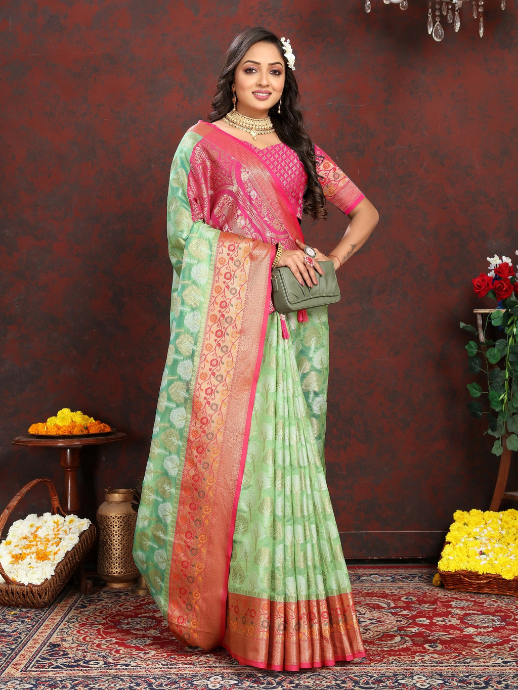 Vedant Vastram Parrot Color Kanjeevaram Organza Silk Saree - Parrot