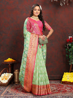 Vedant Vastram Parrot Color Kanjeevaram Organza Silk Saree - Parrot