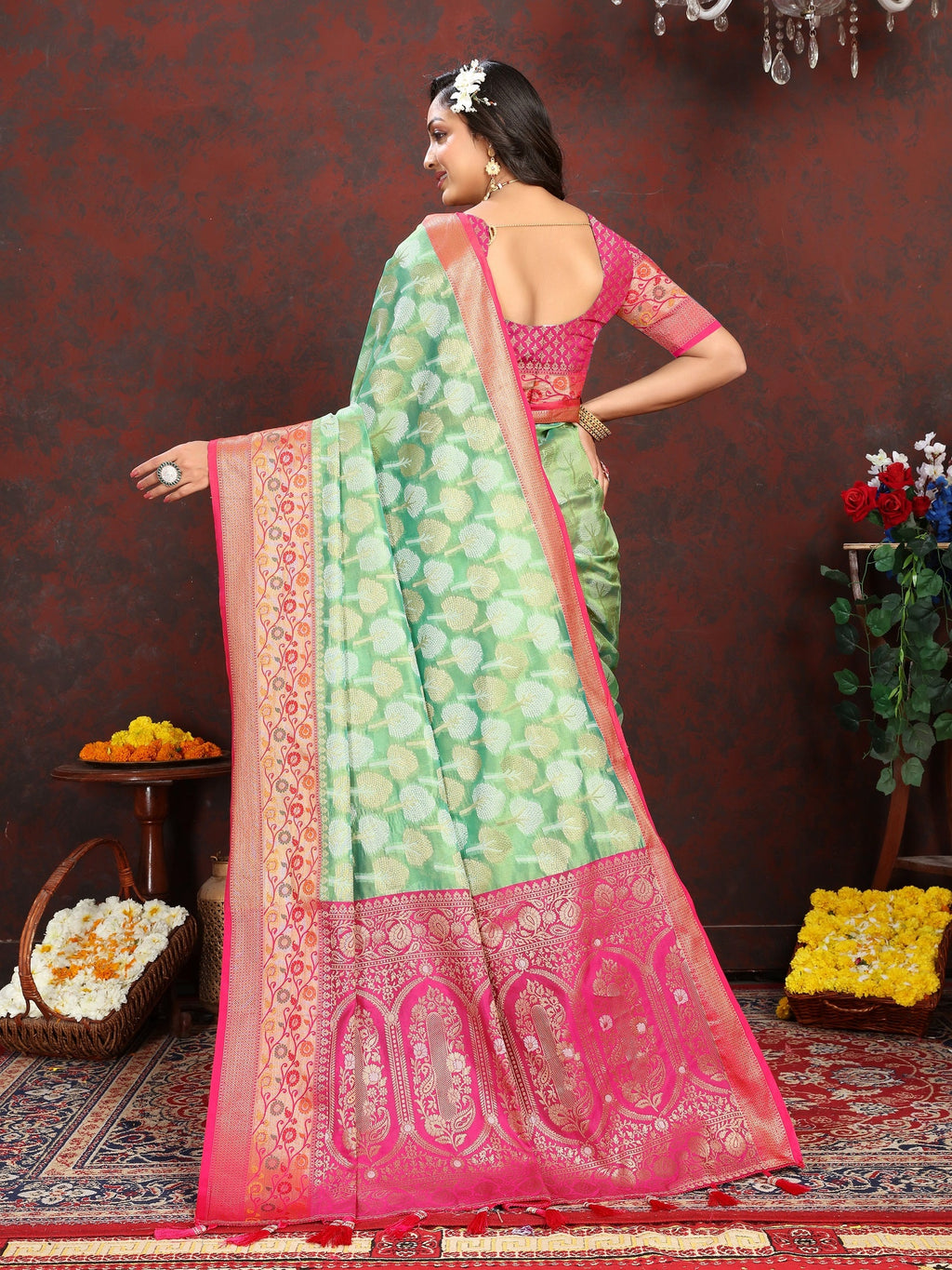 Vedant Vastram Parrot Color Kanjeevaram Organza Silk Saree - Parrot