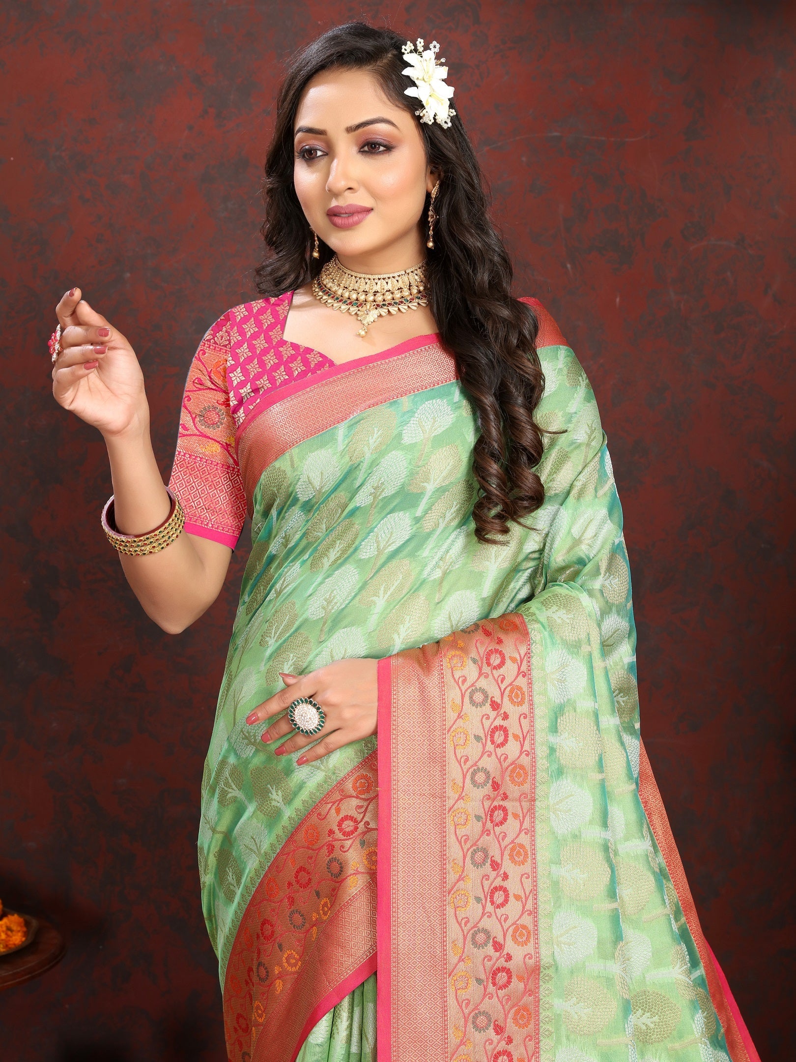 Vedant Vastram Parrot Color Kanjeevaram Organza Silk Saree - Parrot