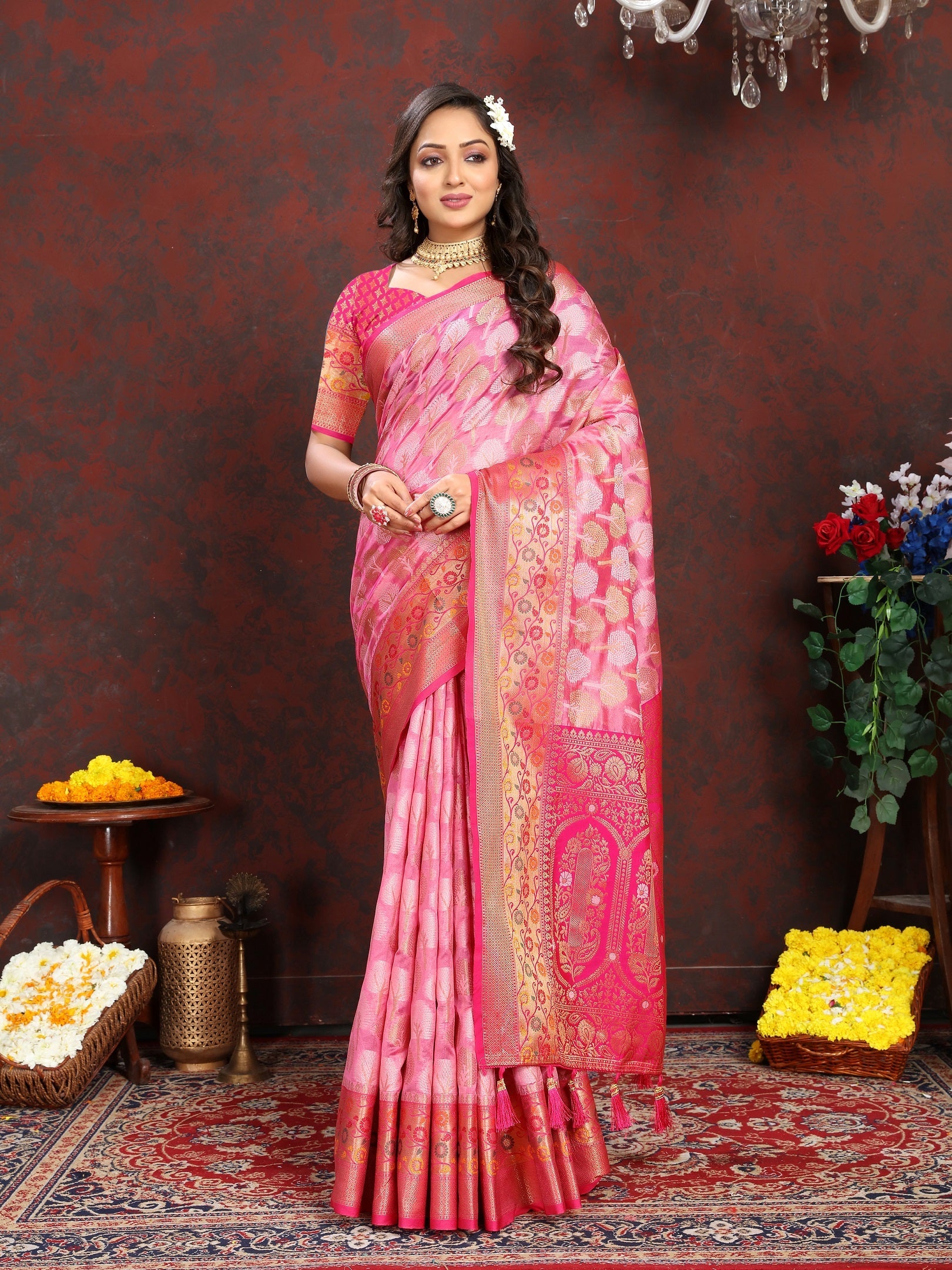 Vedant Vastram Pink Color Kanjeevaram Organza Silk Saree - Pink