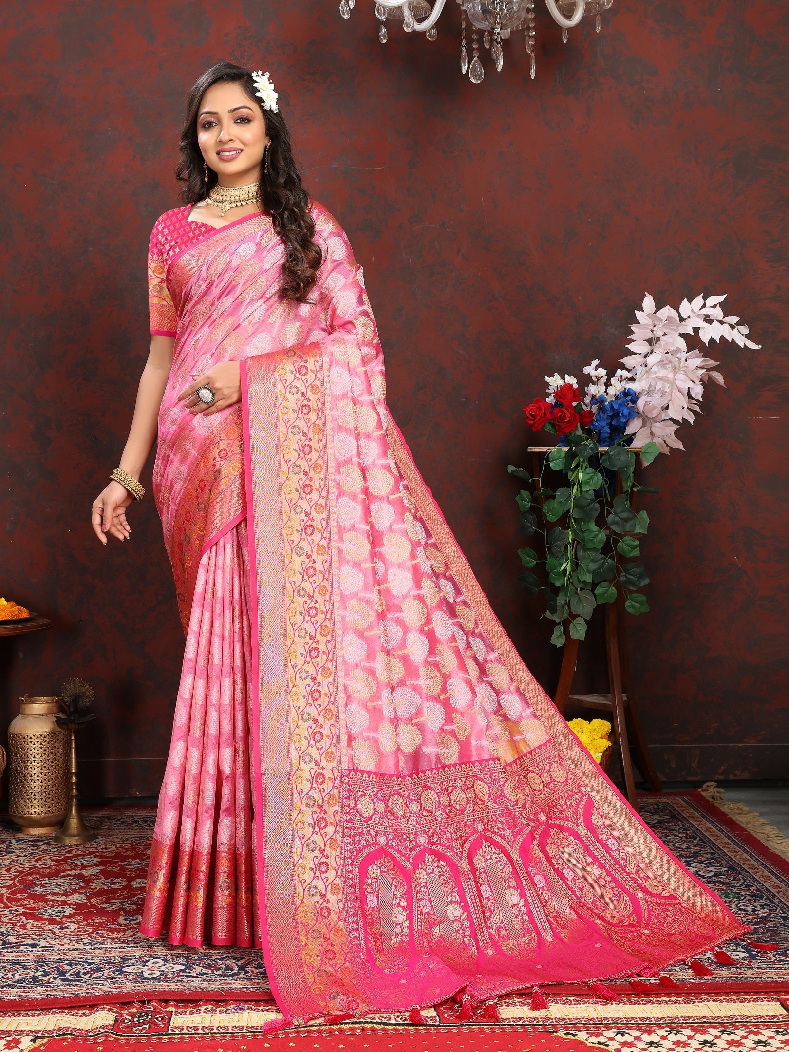 Vedant Vastram Pink Color Kanjeevaram Organza Silk Saree - Pink