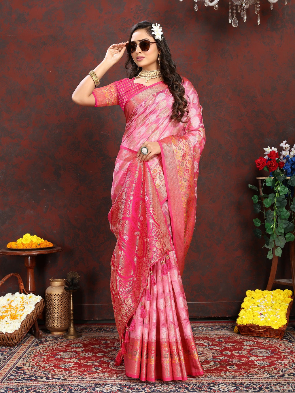 Vedant Vastram Pink Color Kanjeevaram Organza Silk Saree - Pink