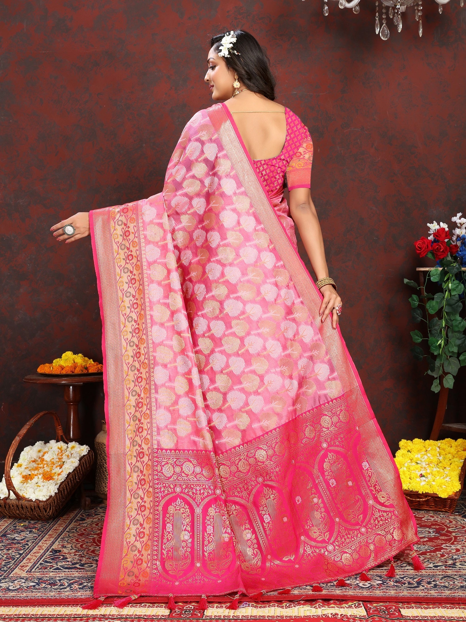 Vedant Vastram Pink Color Kanjeevaram Organza Silk Saree - Pink