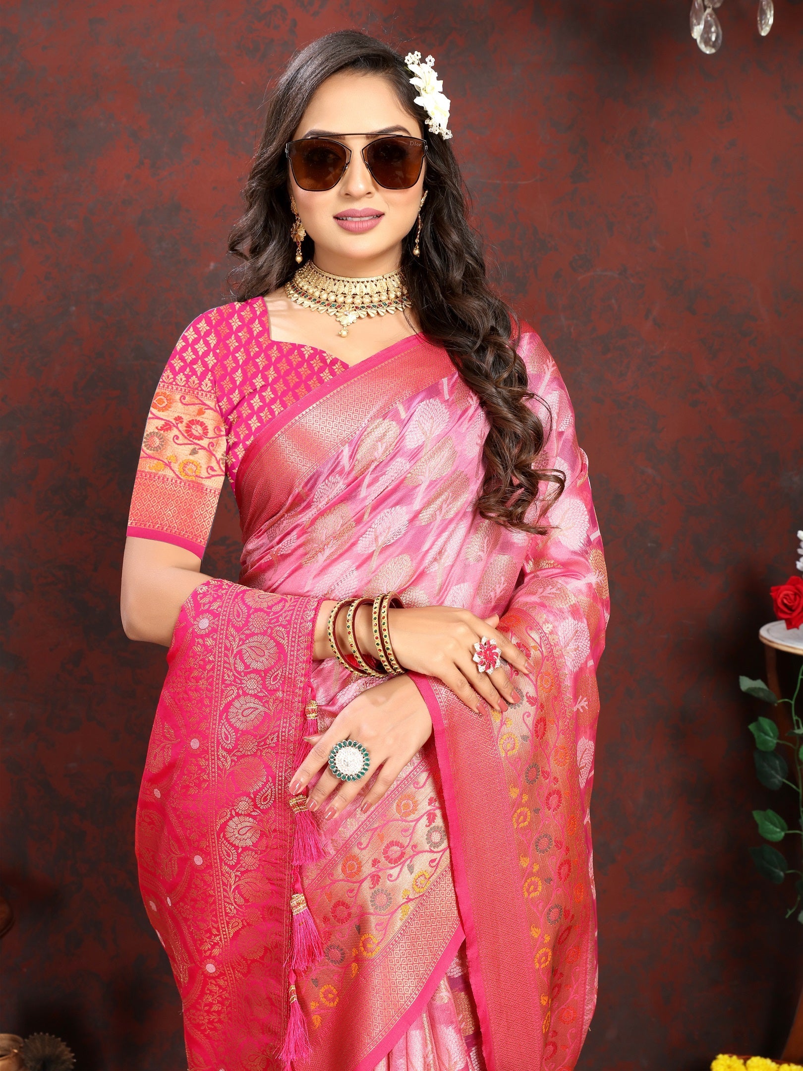 Vedant Vastram Pink Color Kanjeevaram Organza Silk Saree - Pink
