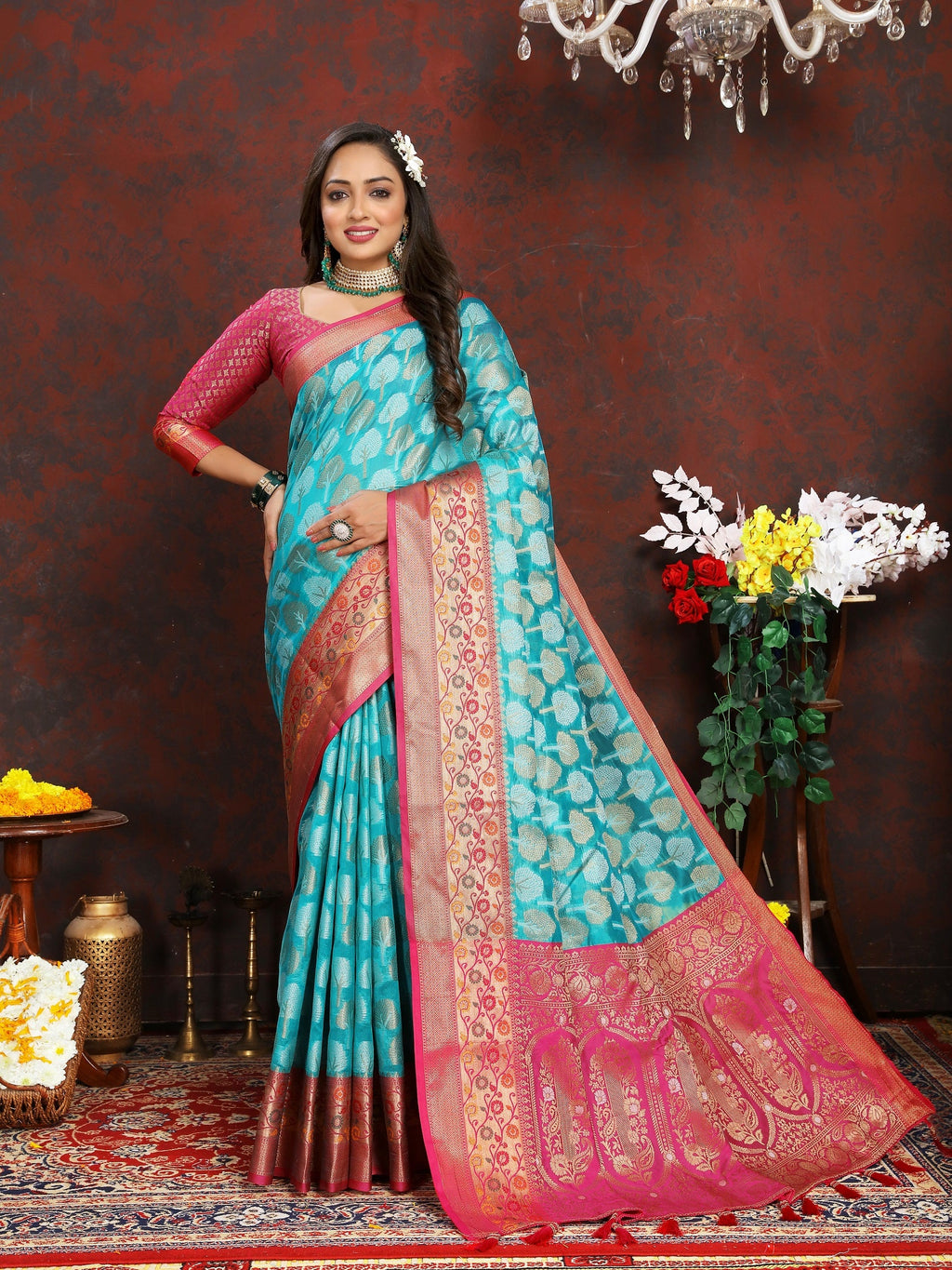 Vedant Vastram Turquoise Color Kanjeevaram Organza Silk Saree - Turquoise