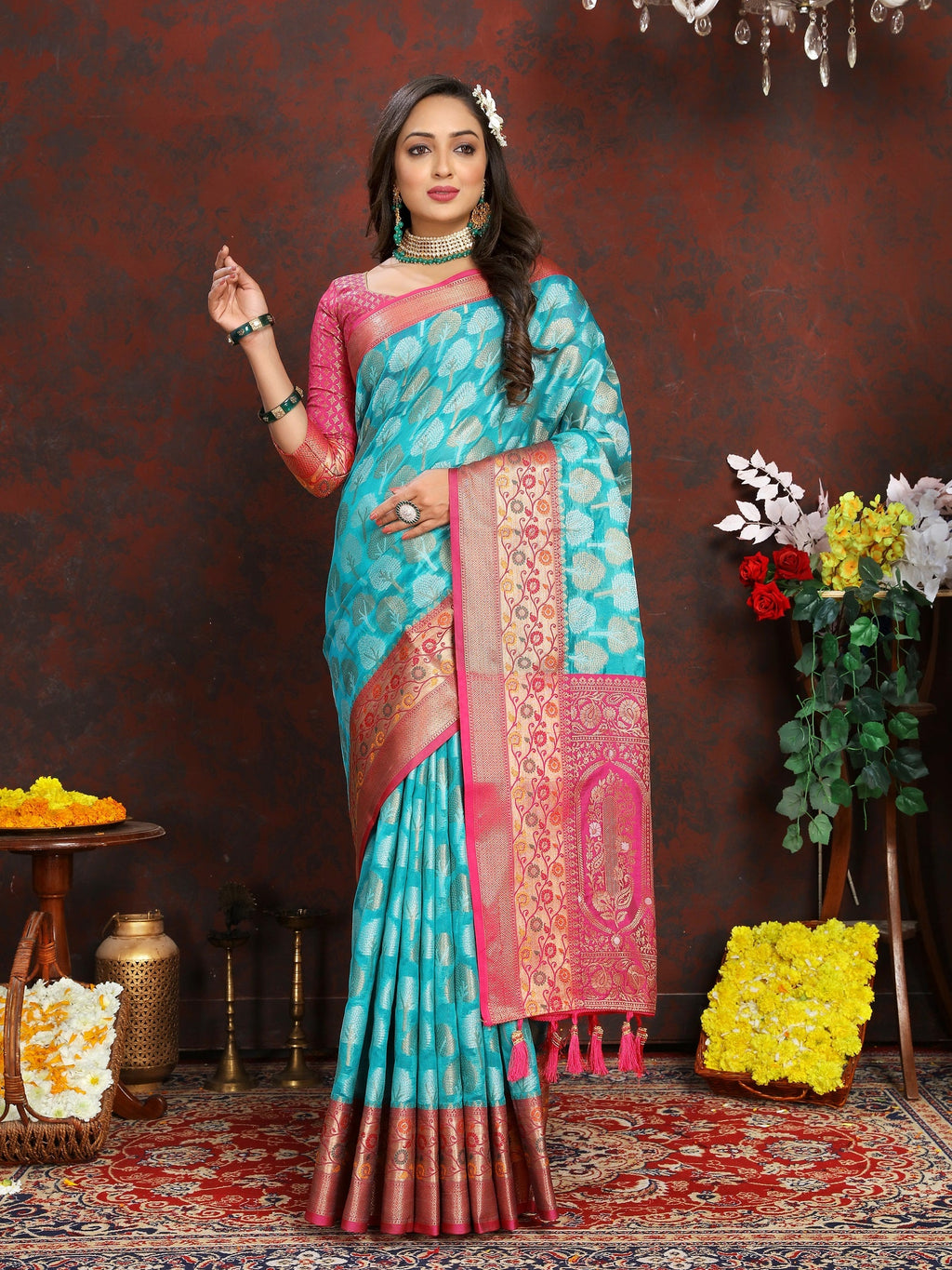 Vedant Vastram Turquoise Color Kanjeevaram Organza Silk Saree - Turquoise