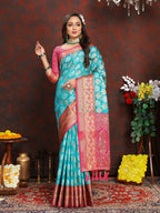Vedant Vastram Turquoise Color Kanjeevaram Organza Silk Saree - Turquoise