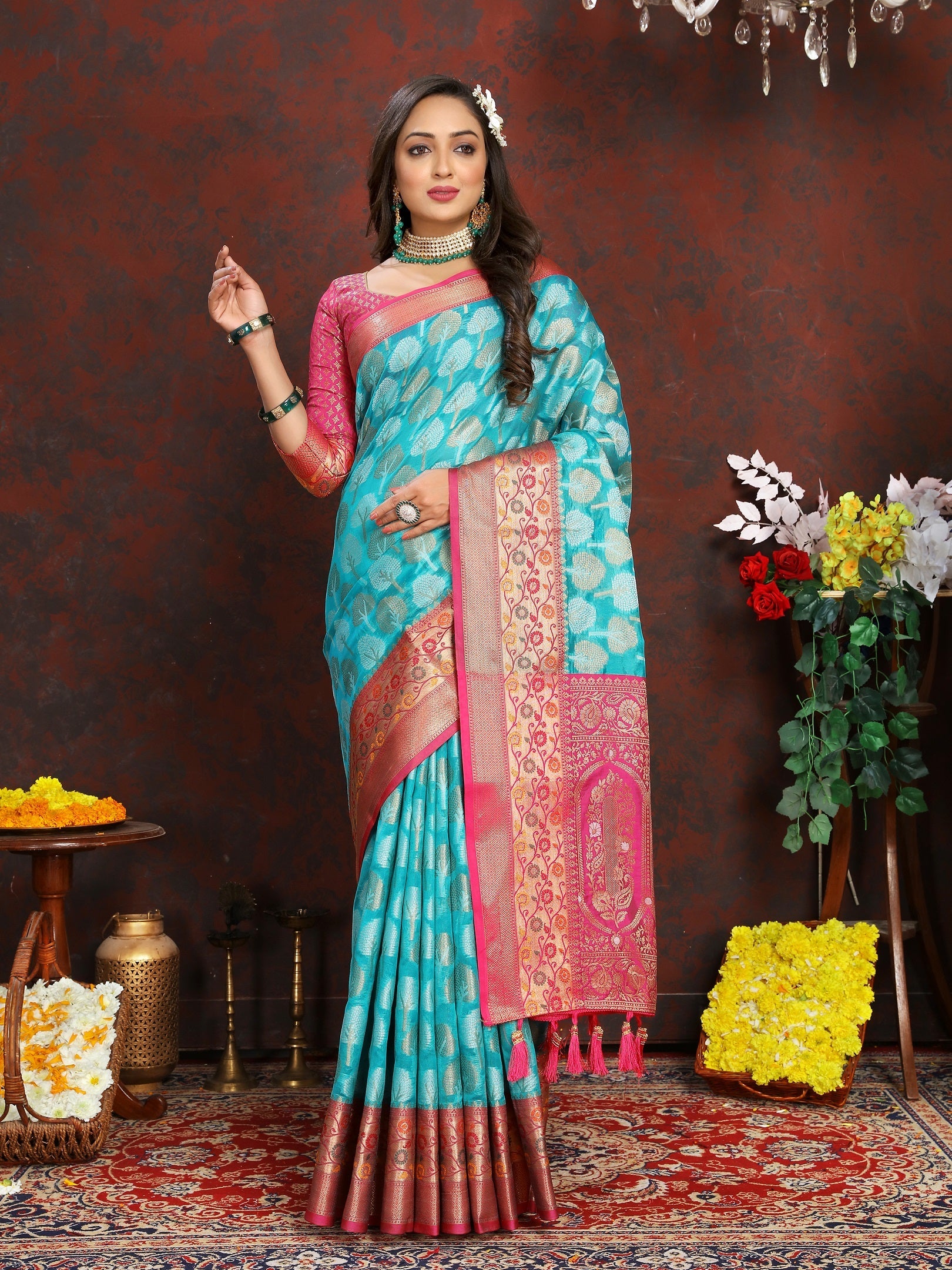 Vedant Vastram Turquoise Color Kanjeevaram Organza Silk Saree - Turquoise