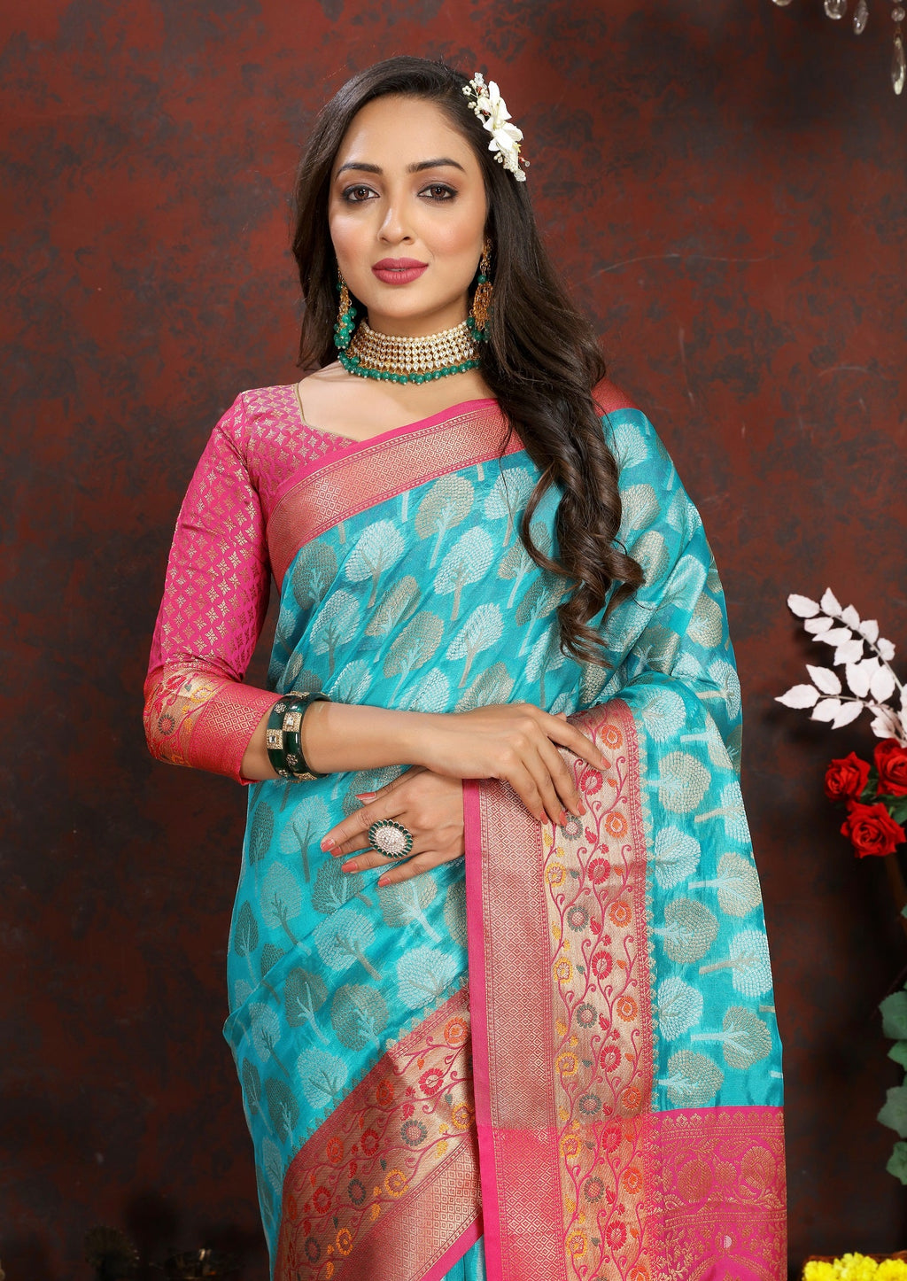 Vedant Vastram Turquoise Color Kanjeevaram Organza Silk Saree - Turquoise