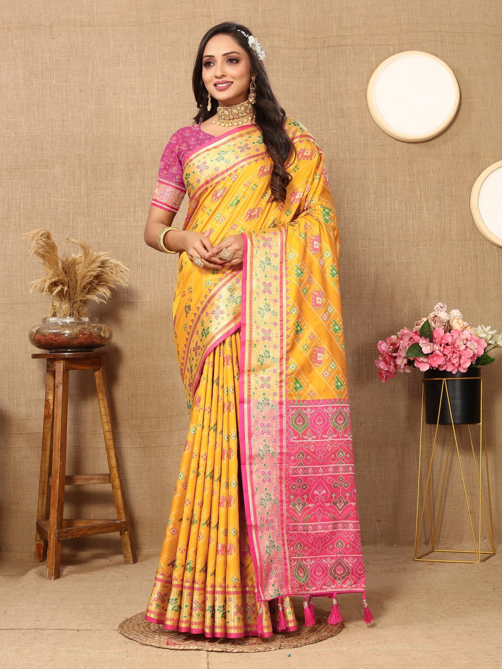 Vedant Vastram Mustard Color Kanjeevaram Patola Silk Saree - Mustard