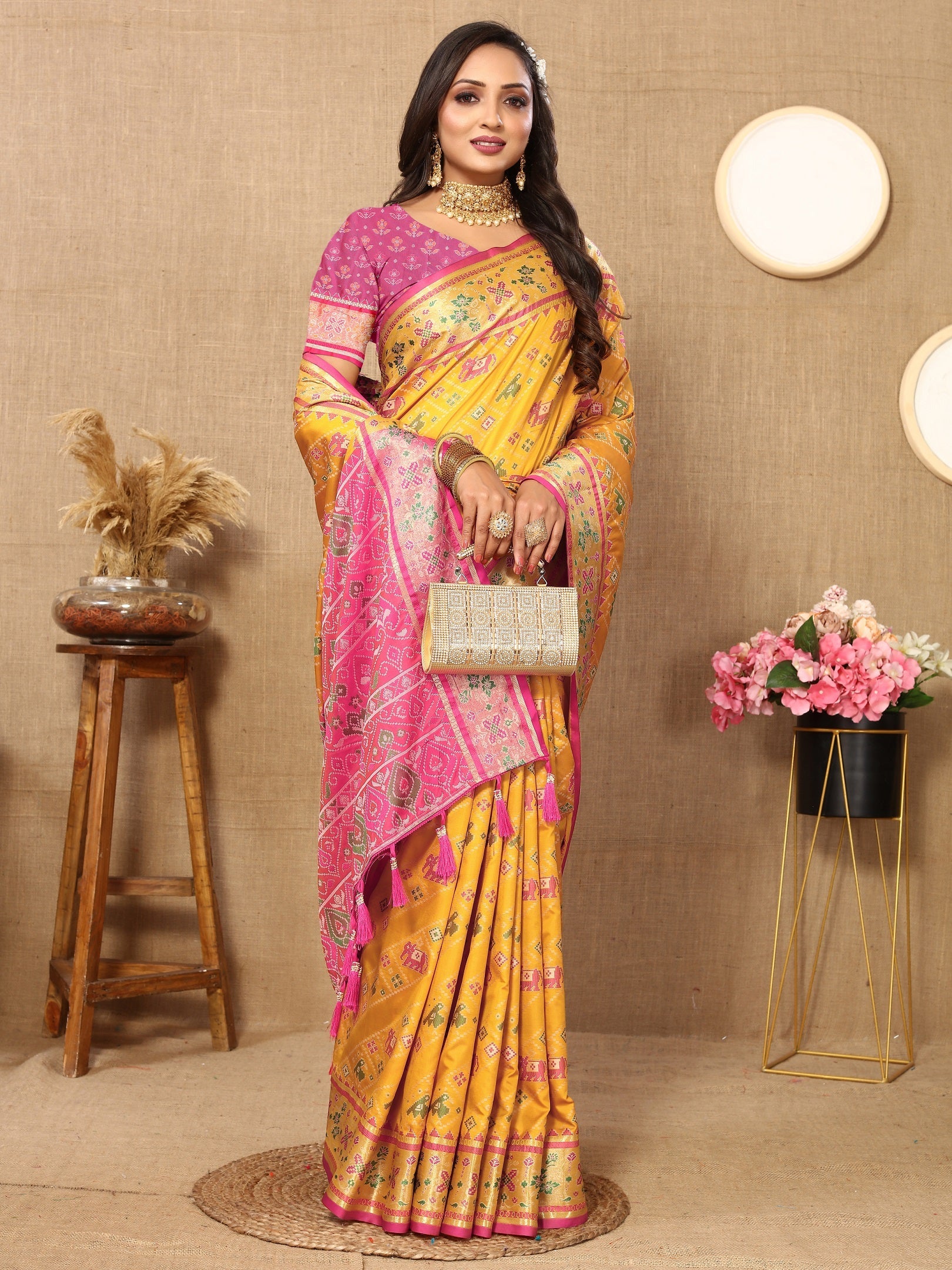 Vedant Vastram Mustard Color Kanjeevaram Patola Silk Saree - Mustard