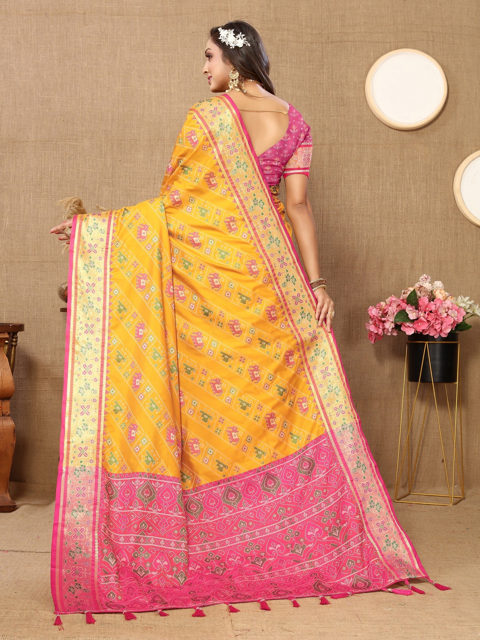 Vedant Vastram Mustard Color Kanjeevaram Patola Silk Saree - Mustard