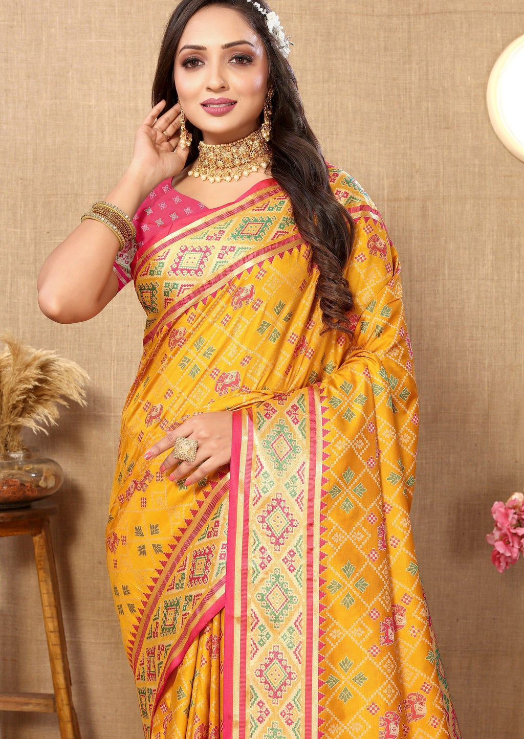 Vedant Vastram Mustard Color Kanjeevaram Patola Silk Saree - Mustard