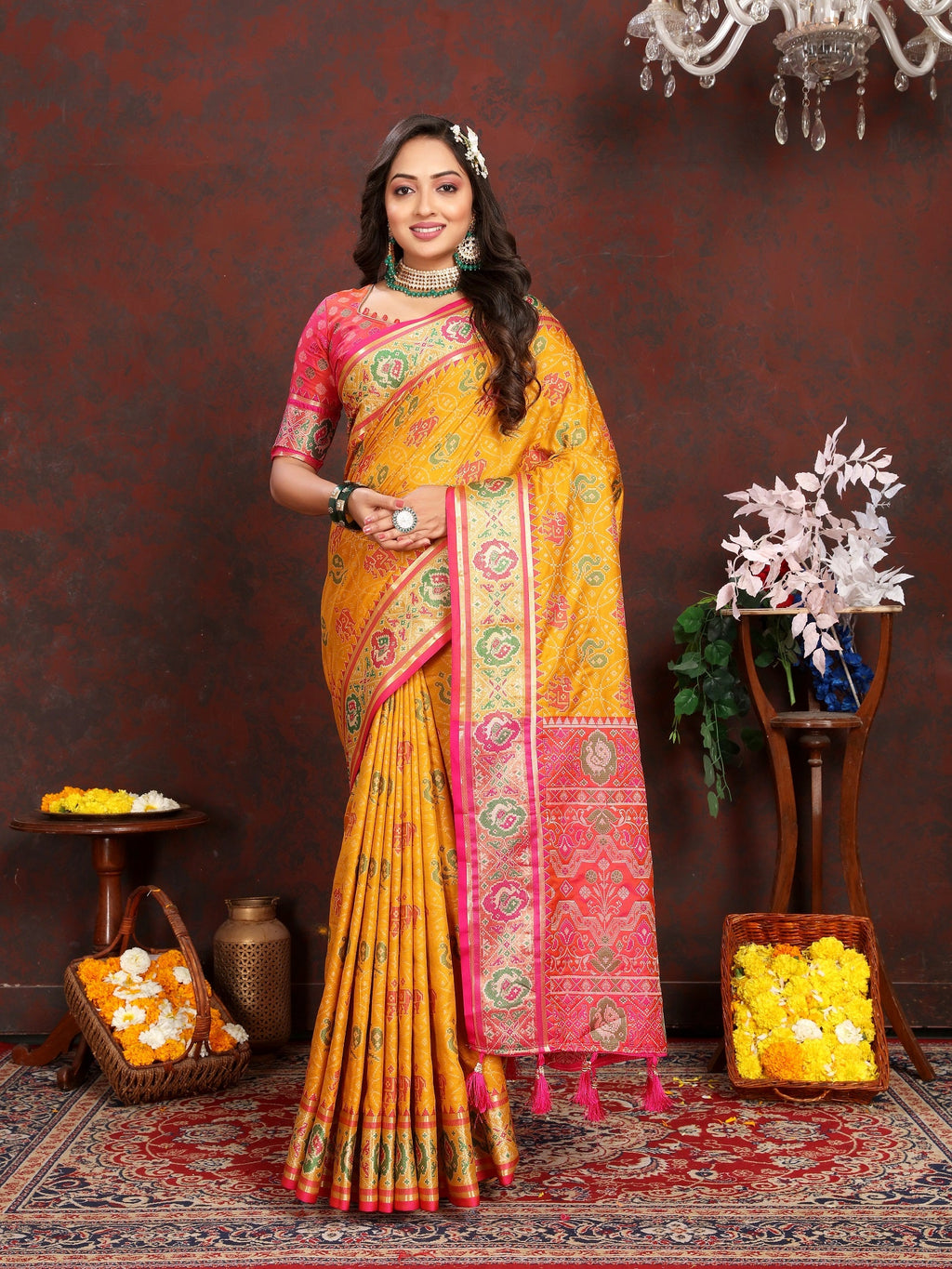 Vedant Vastram Mustard Color Kanjeevaram Patola Silk Saree - Mustard
