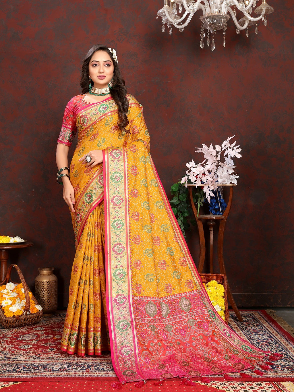 Vedant Vastram Mustard Color Kanjeevaram Patola Silk Saree - Mustard