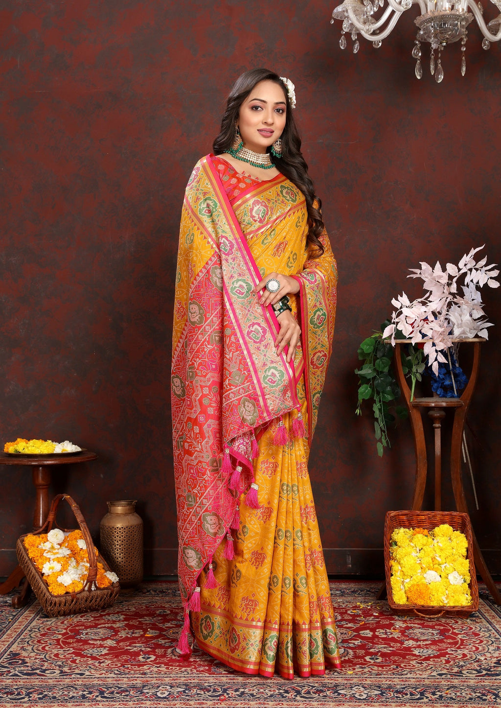 Vedant Vastram Mustard Color Kanjeevaram Patola Silk Saree - Mustard