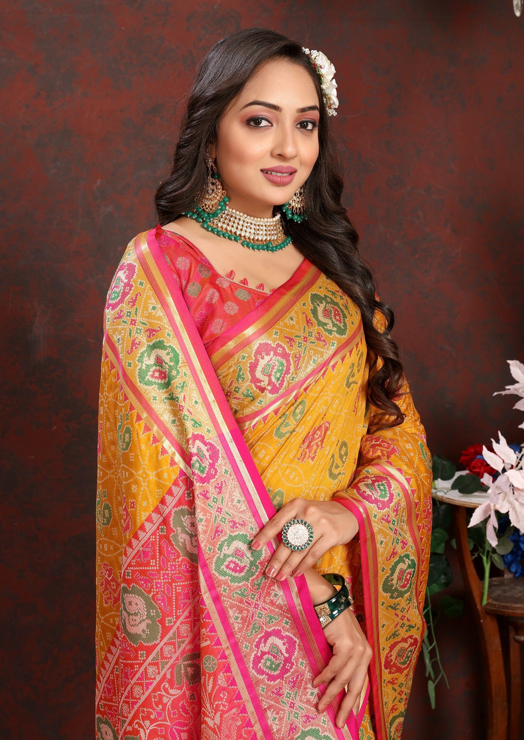 Vedant Vastram Mustard Color Kanjeevaram Patola Silk Saree - Mustard