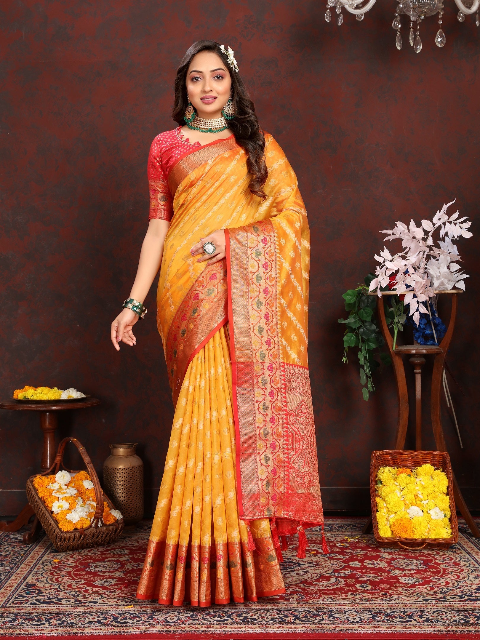 Vedant Vastram Mustard Color Kanjeevaram Organza Silk Saree - Mustard