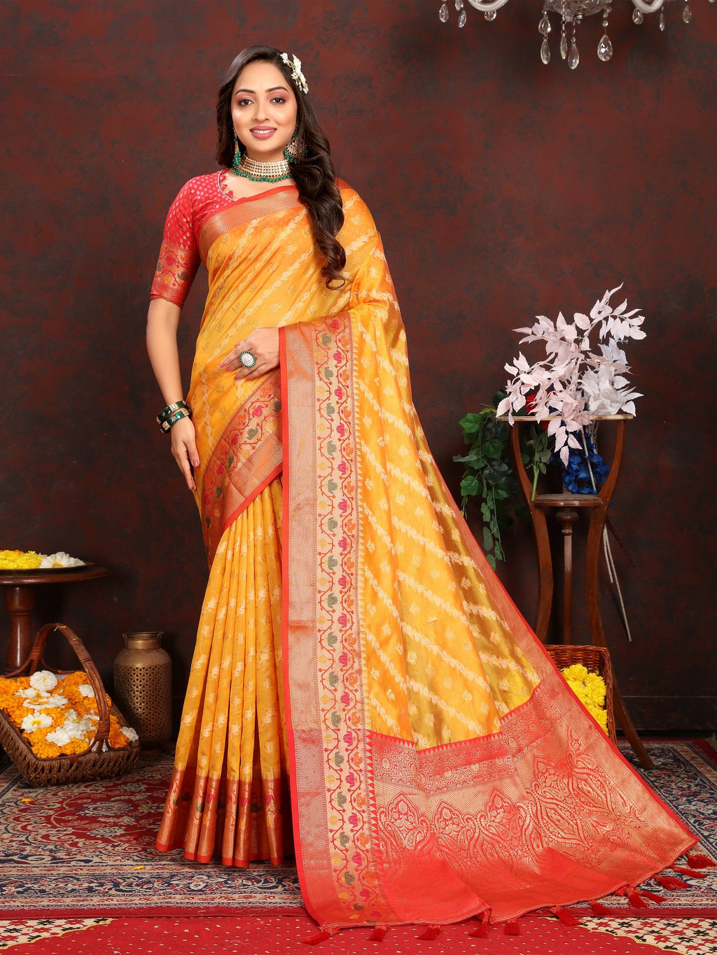 Vedant Vastram Mustard Color Kanjeevaram Organza Silk Saree - Mustard