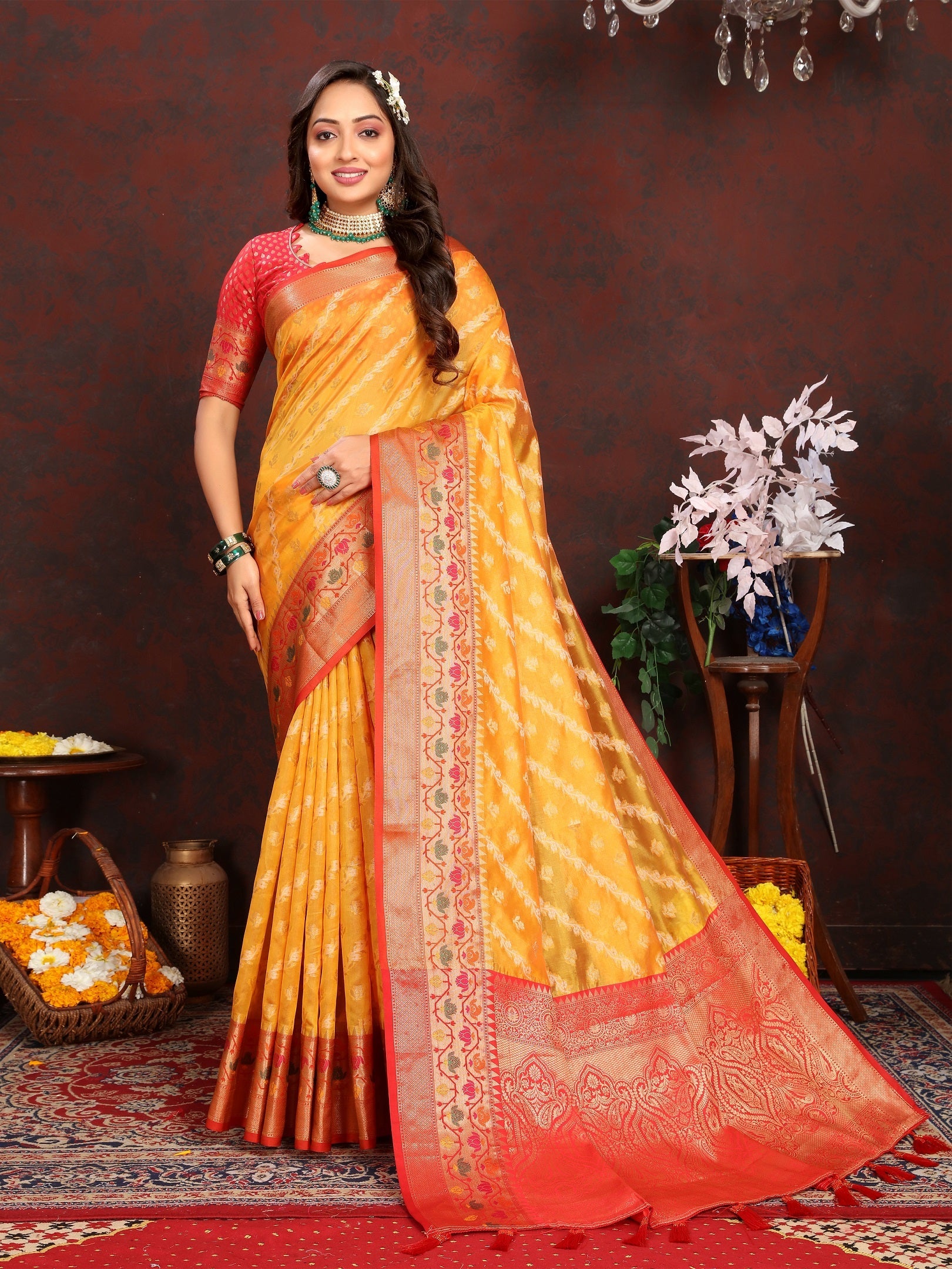 Vedant Vastram Mustard Color Kanjeevaram Organza Silk Saree - Mustard
