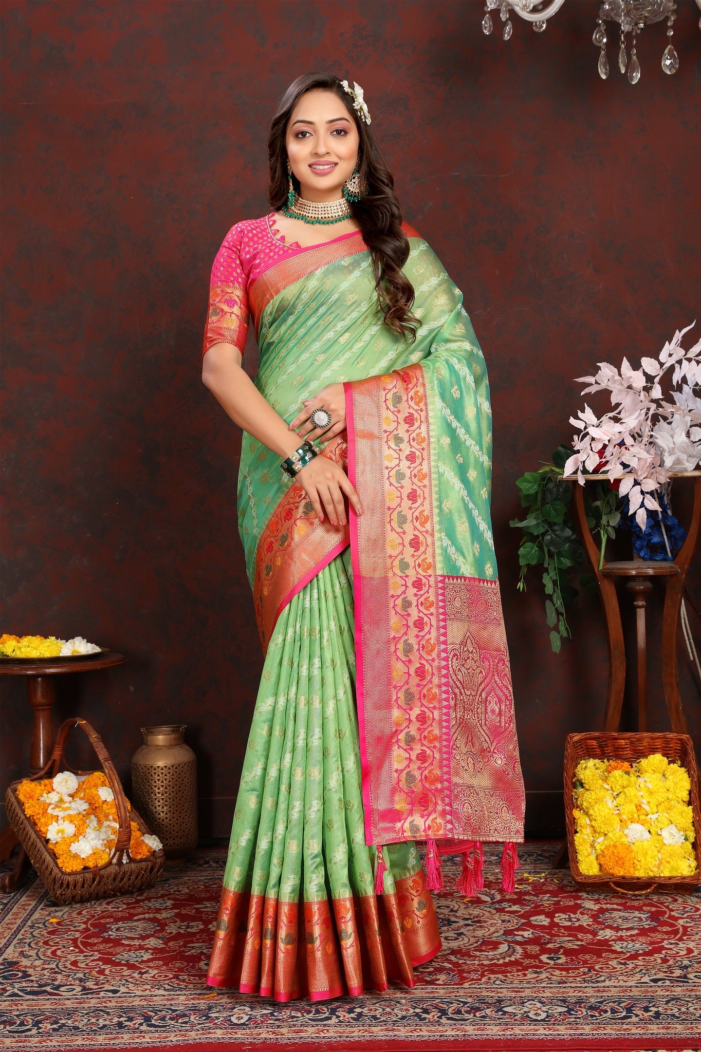 Vedant Vastram Parrot Color Kanjeevaram Organza Silk Saree - Parrot