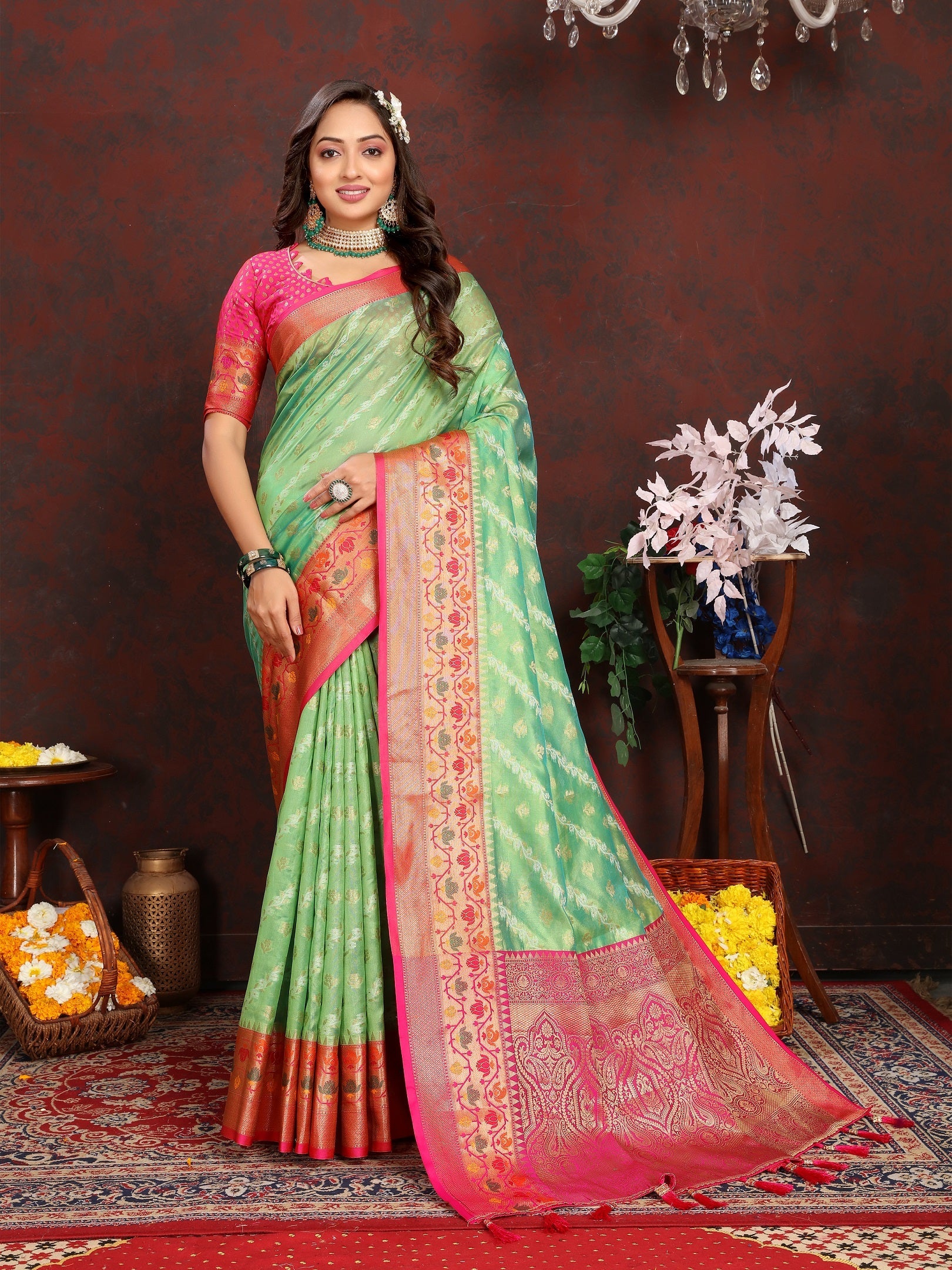 Vedant Vastram Parrot Color Kanjeevaram Organza Silk Saree - Parrot