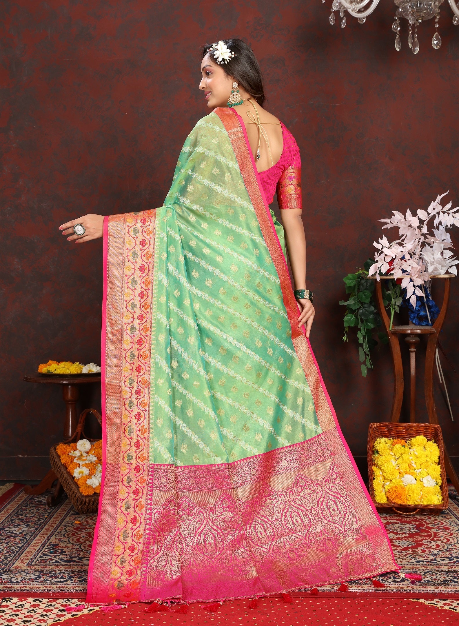 Vedant Vastram Parrot Color Kanjeevaram Organza Silk Saree - Parrot