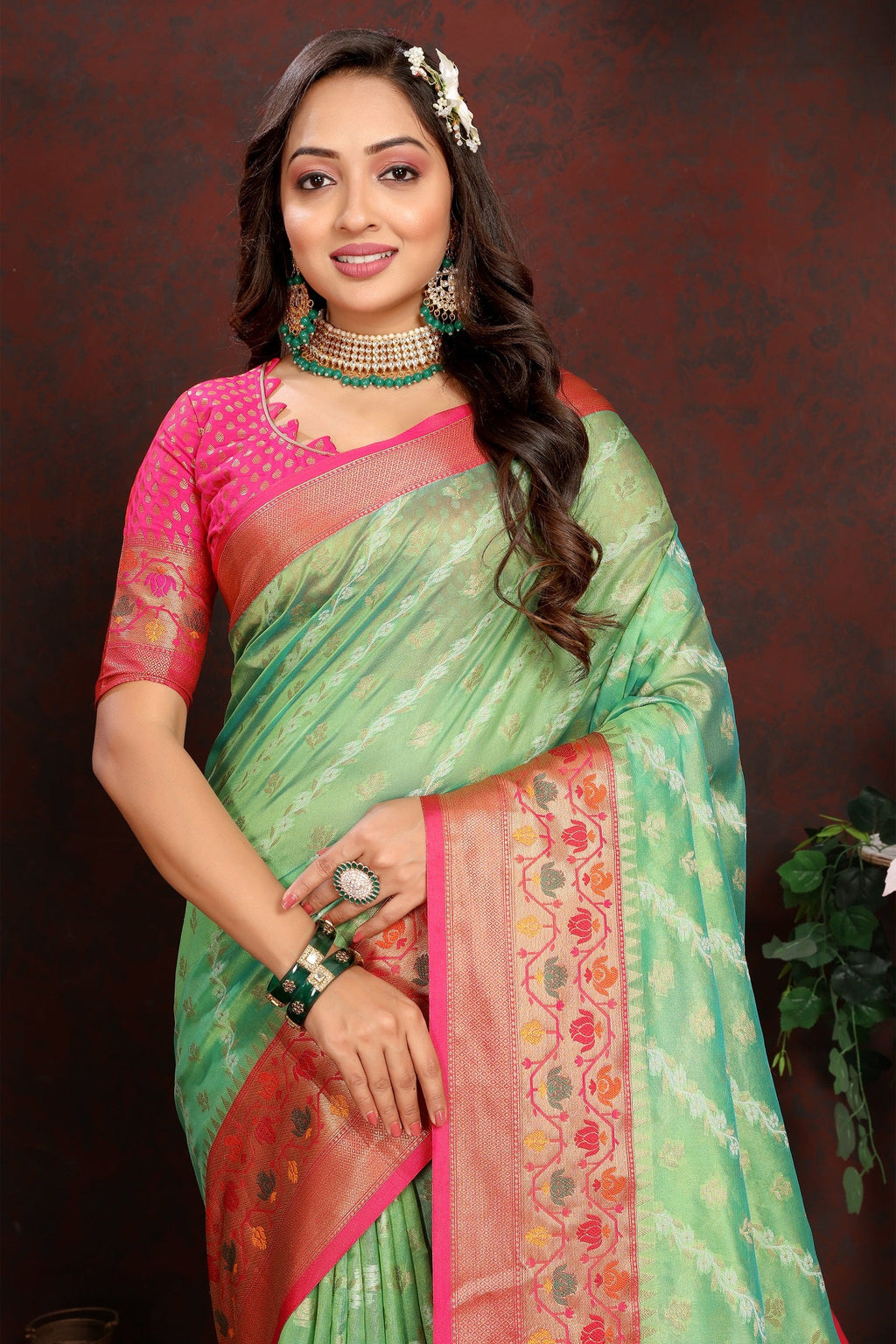 Vedant Vastram Parrot Color Kanjeevaram Organza Silk Saree - Parrot