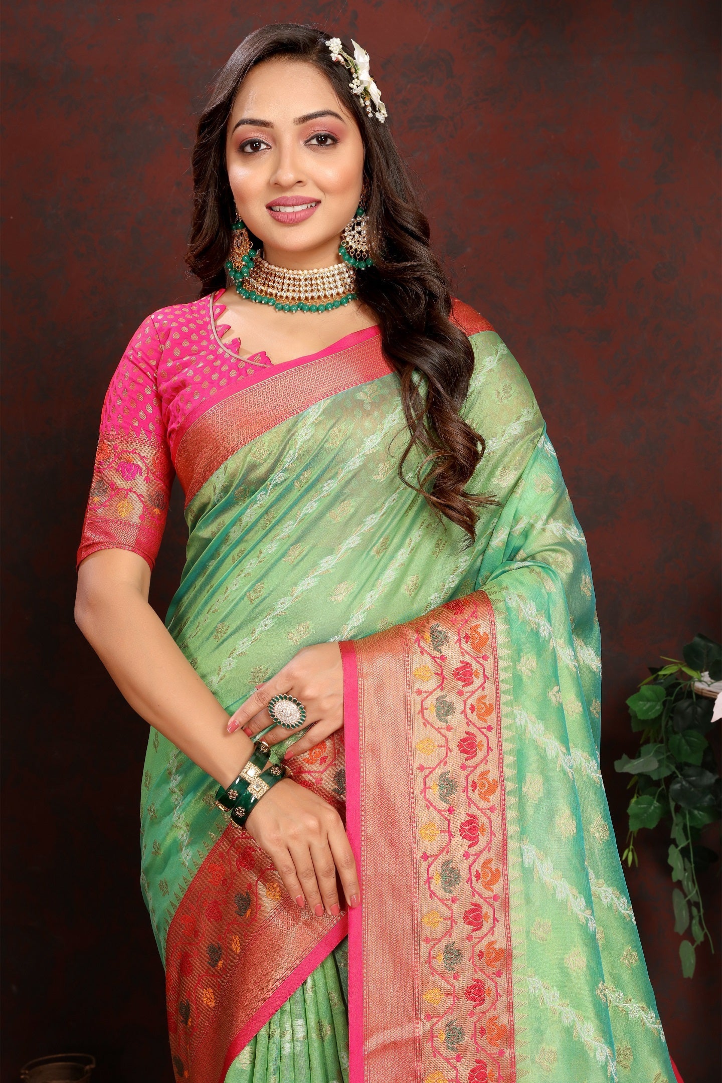Vedant Vastram Parrot Color Kanjeevaram Organza Silk Saree - Parrot