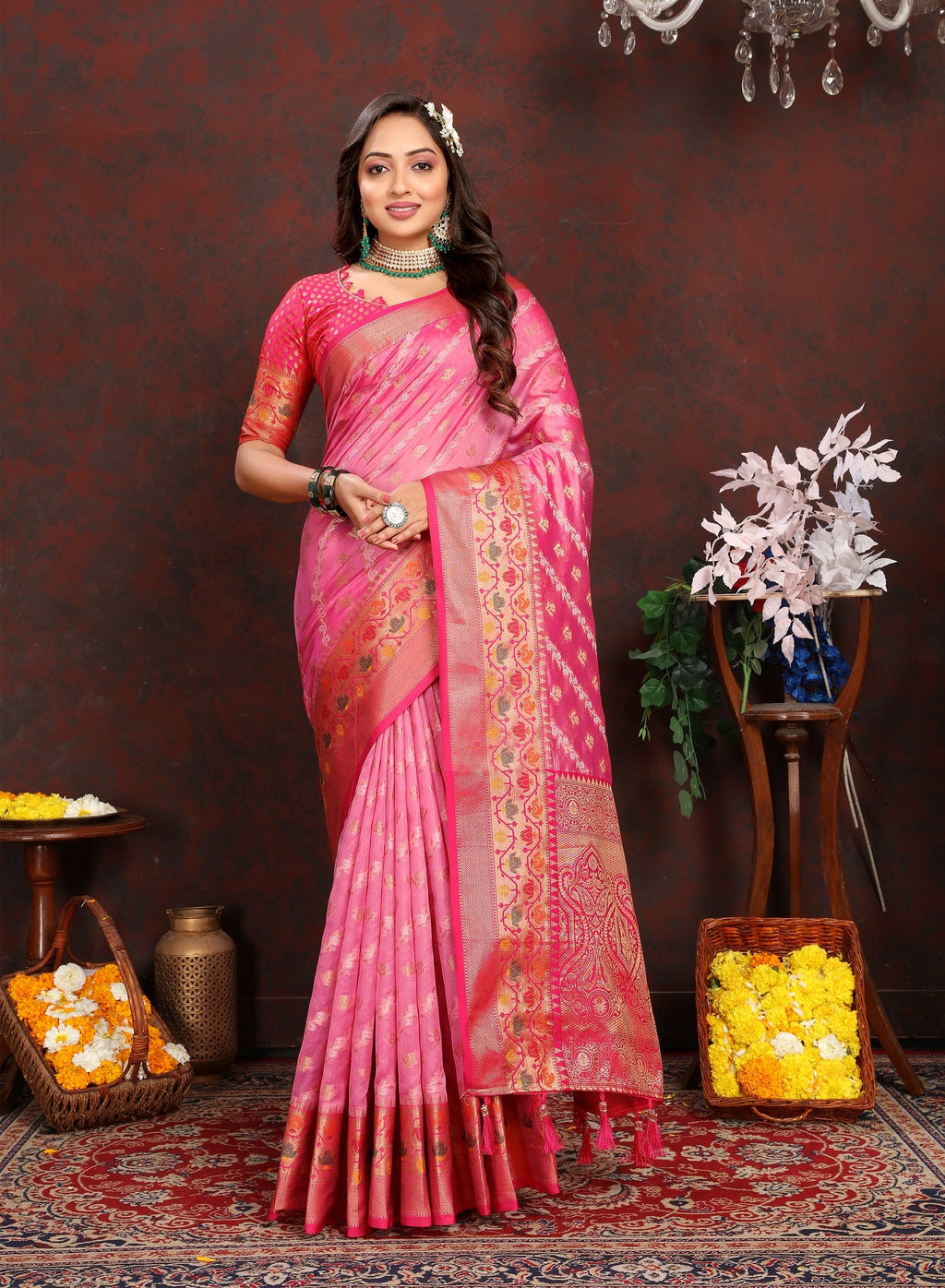 Vedant Vastram Pink Color Kanjeevaram Organza Silk Saree - Pink