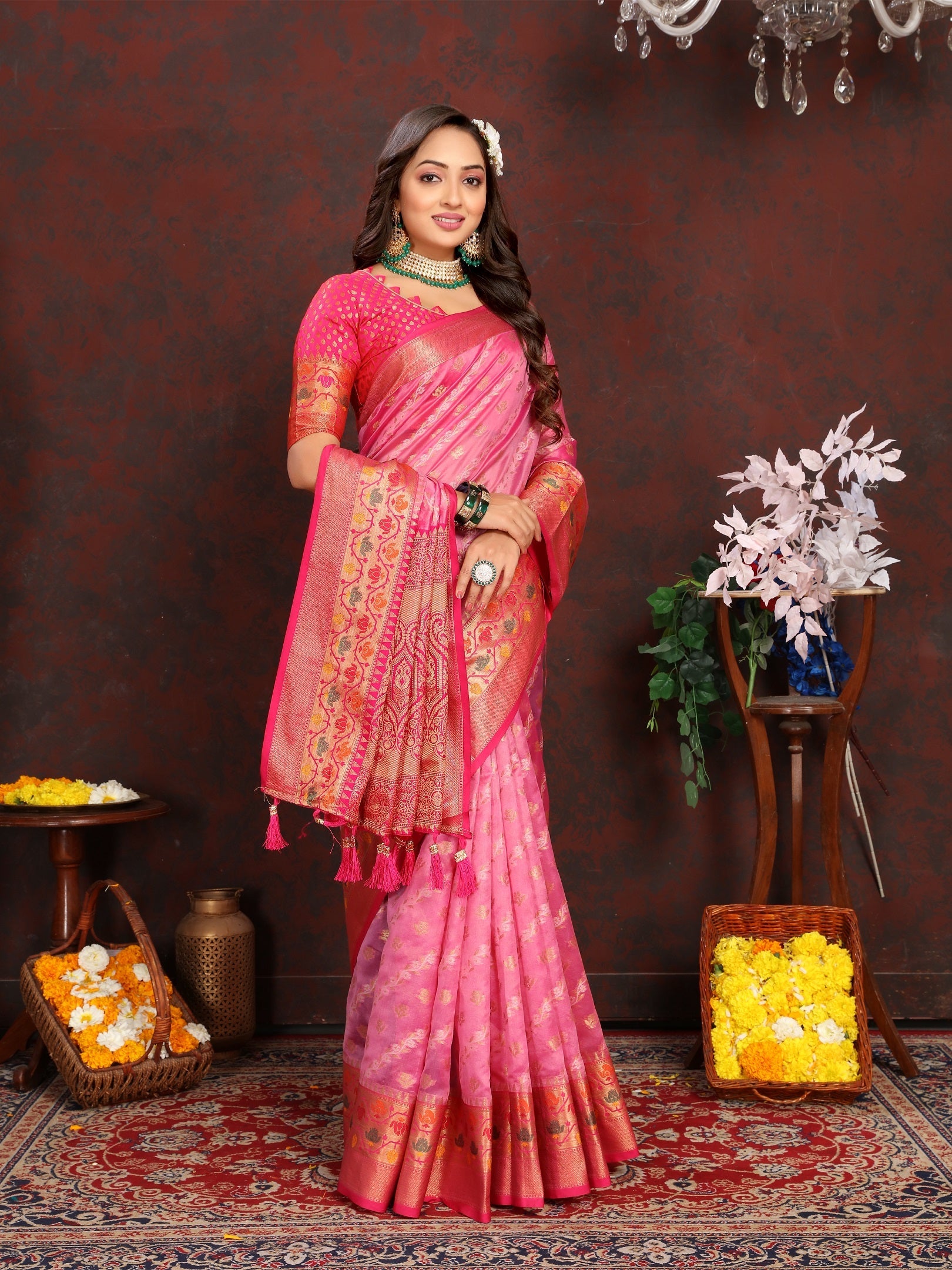 Vedant Vastram Pink Color Kanjeevaram Organza Silk Saree - Pink