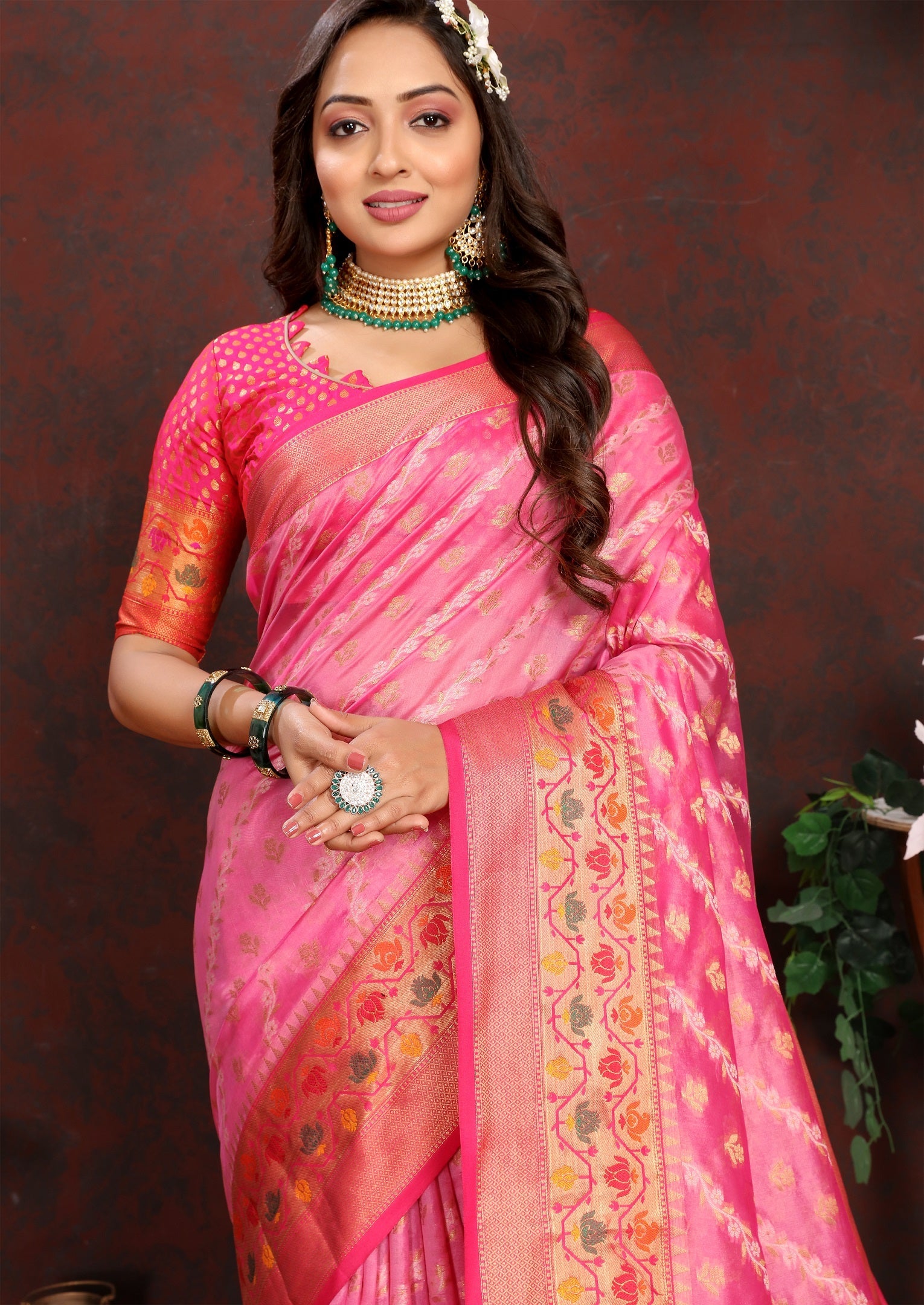 Vedant Vastram Pink Color Kanjeevaram Organza Silk Saree - Pink
