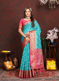 Vedant Vastram Rama Color Kanjeevaram Organza Silk Saree - Rama