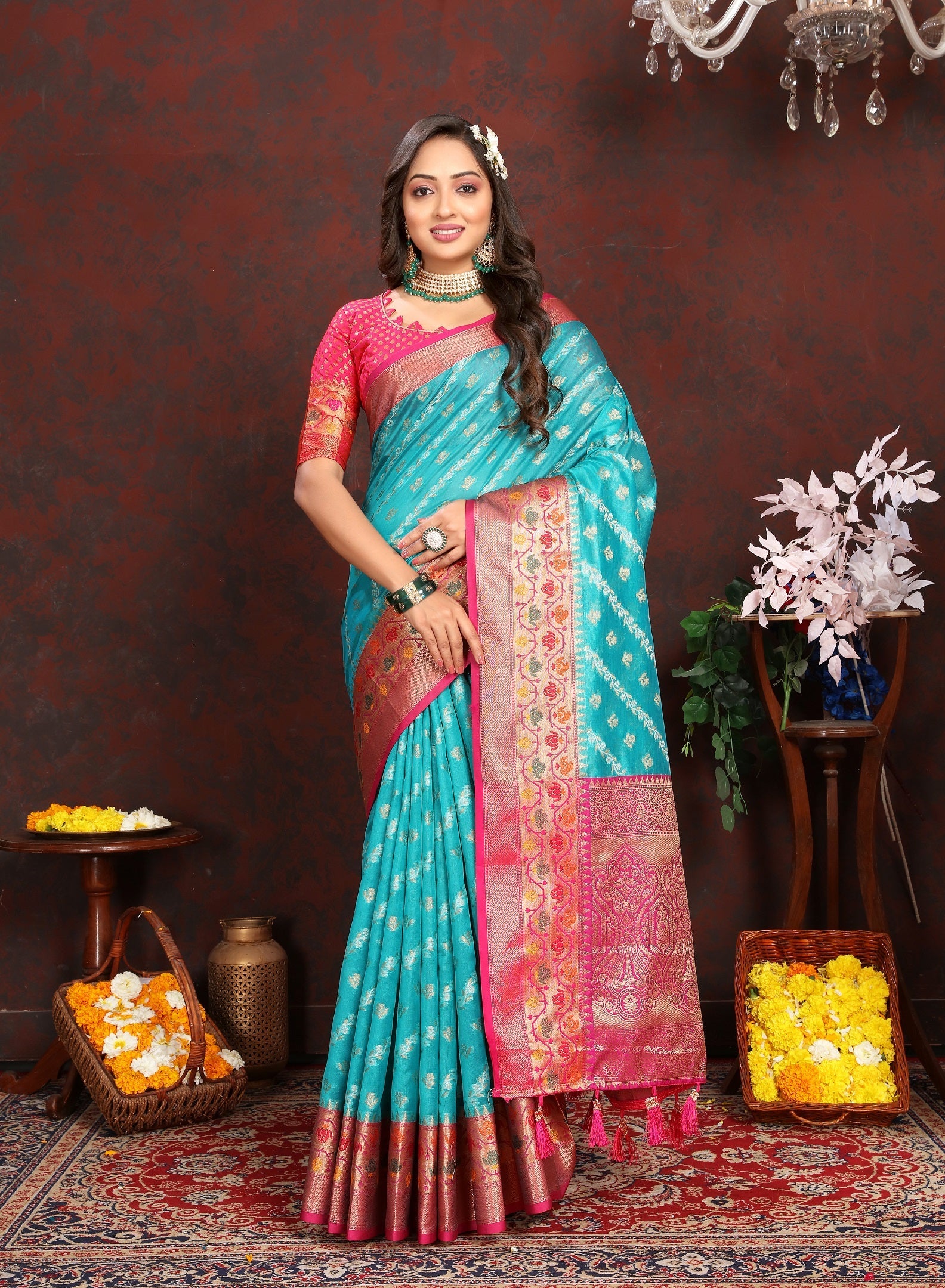 Vedant Vastram Rama Color Kanjeevaram Organza Silk Saree - Rama