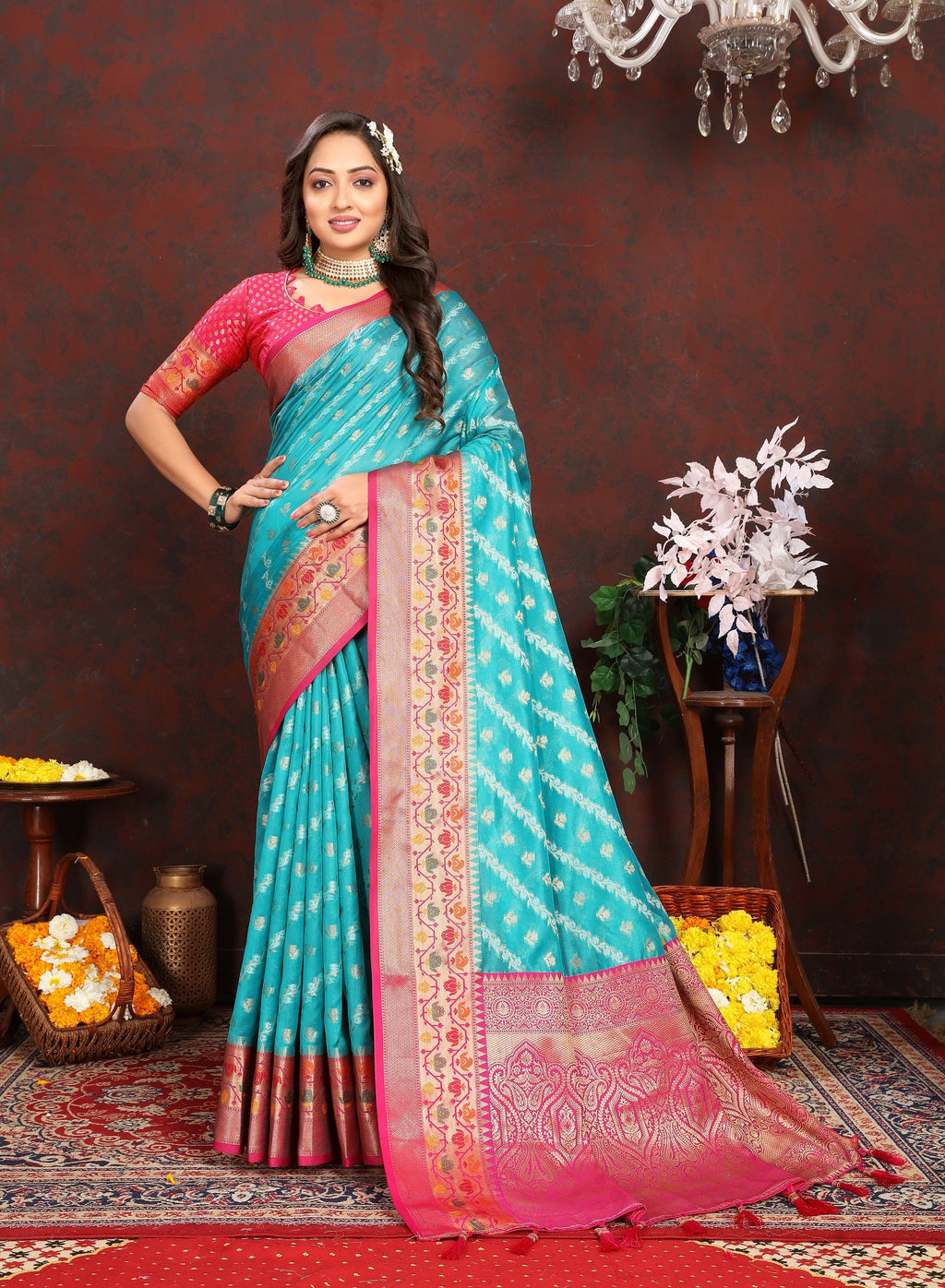 Vedant Vastram Rama Color Kanjeevaram Organza Silk Saree - Rama