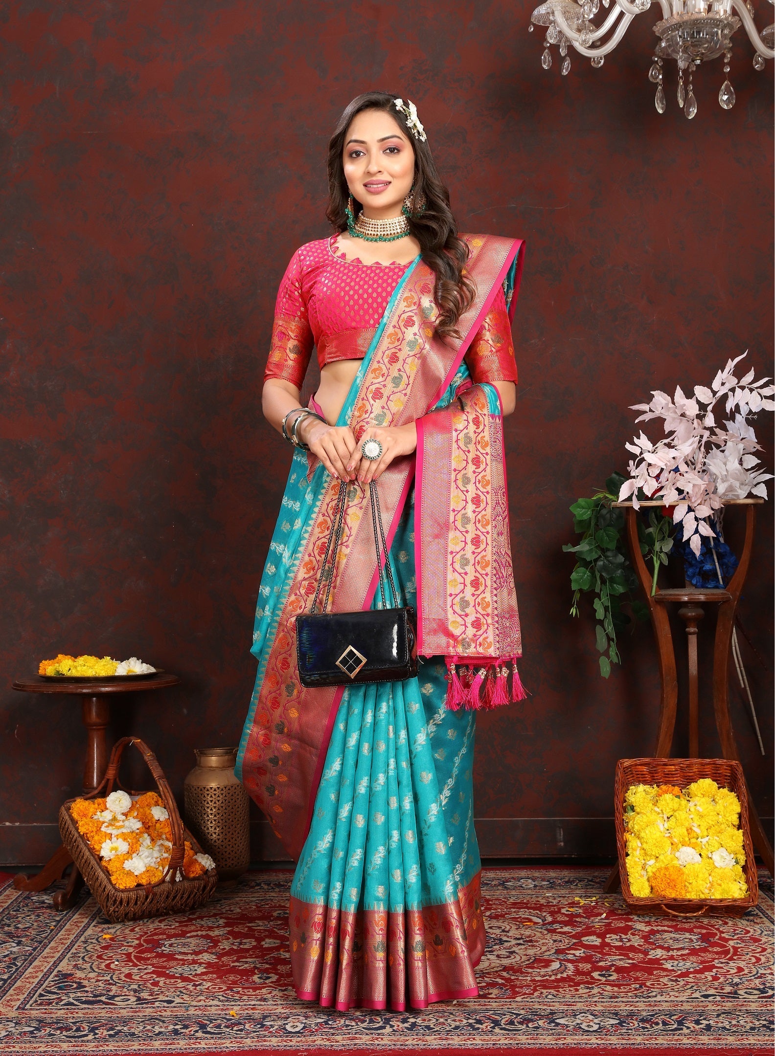 Vedant Vastram Rama Color Kanjeevaram Organza Silk Saree - Rama