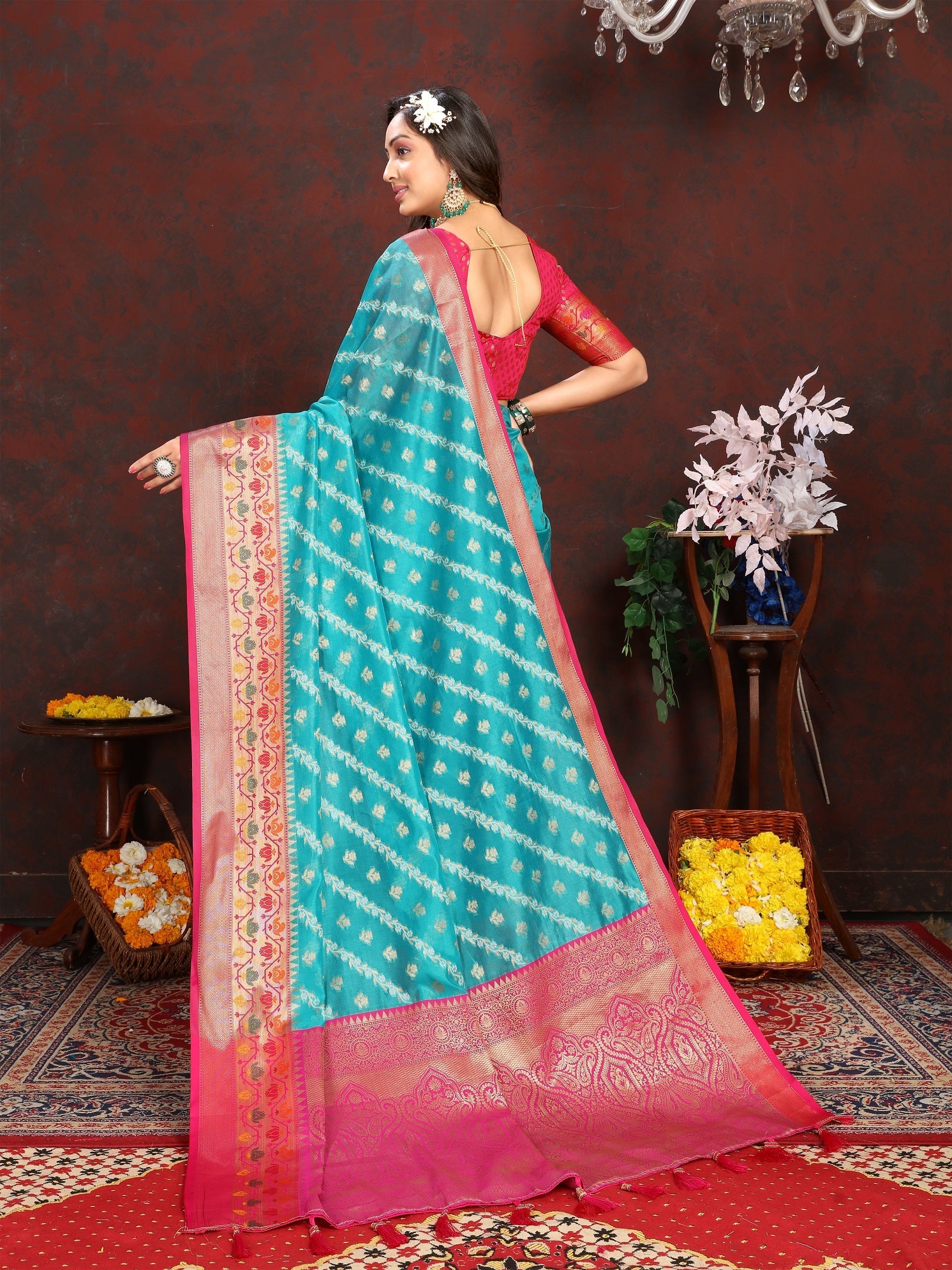 Vedant Vastram Rama Color Kanjeevaram Organza Silk Saree - Rama