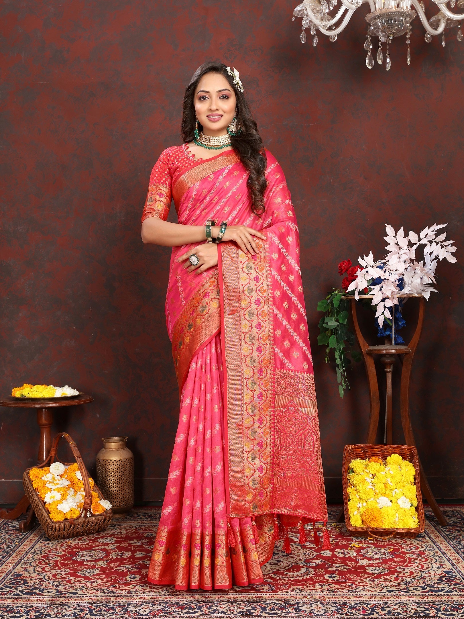 Vedant Vastram Tomato Color Kanjeevaram Organza Silk Saree - Tomato