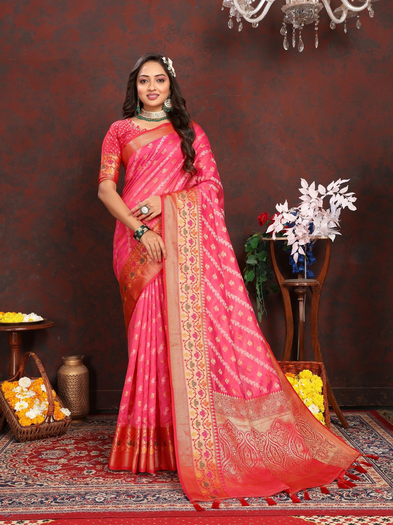 Vedant Vastram Tomato Color Kanjeevaram Organza Silk Saree - Tomato