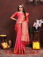 Vedant Vastram Tomato Color Kanjeevaram Organza Silk Saree - Tomato