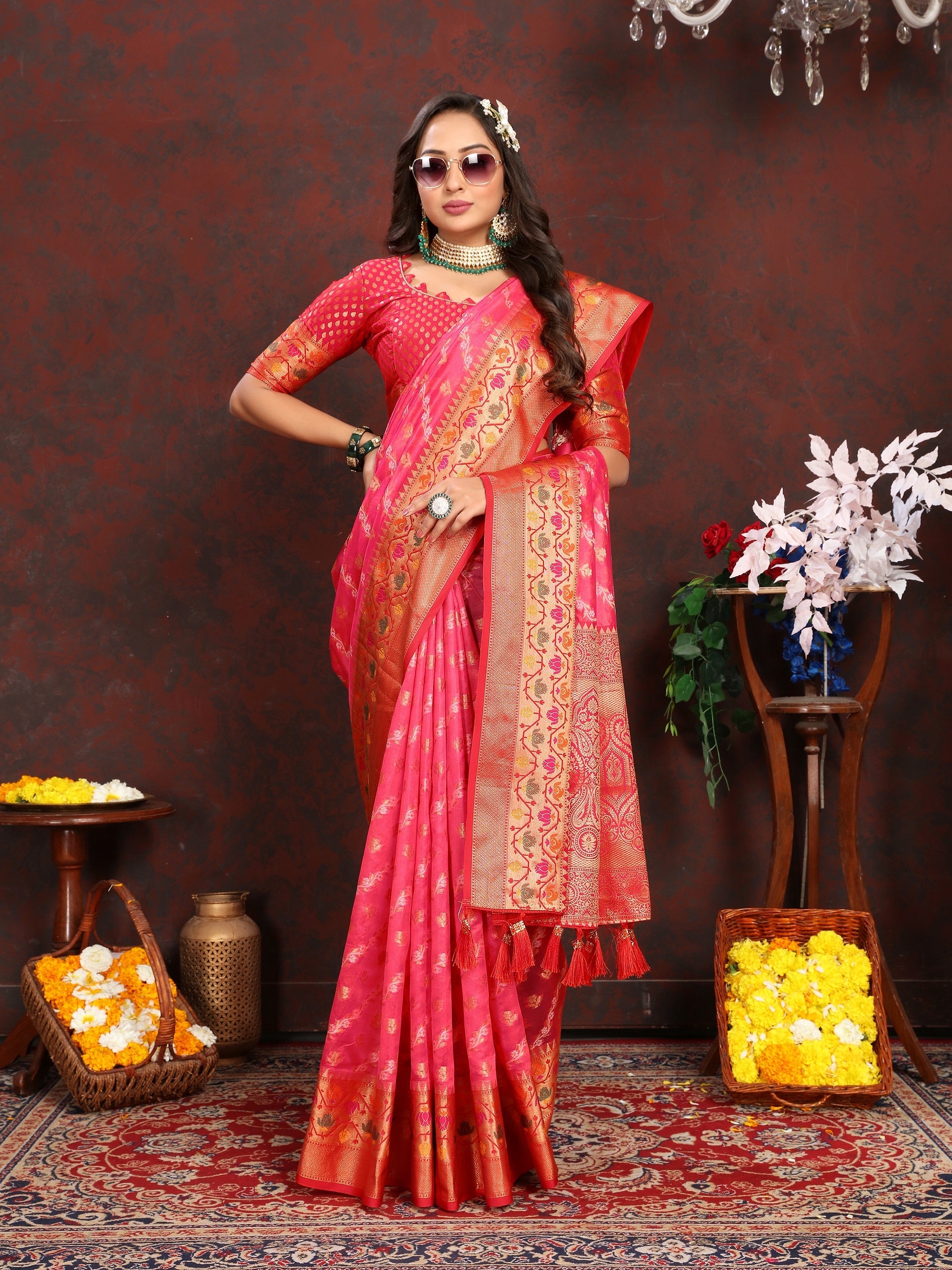 Vedant Vastram Tomato Color Kanjeevaram Organza Silk Saree - Tomato