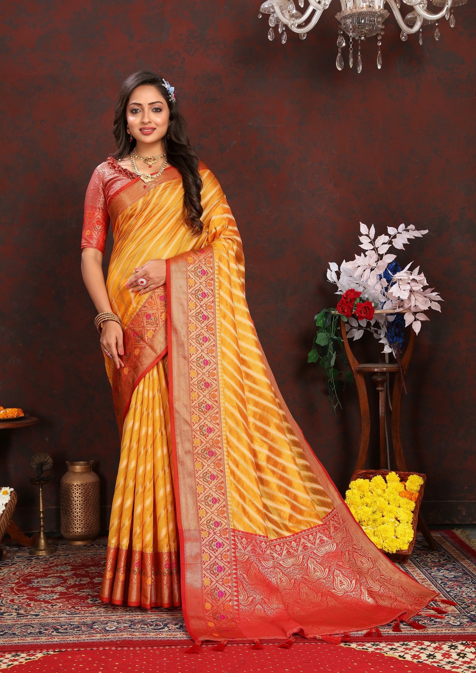 Vedant Vastram Mustard Color Kanjeevaram Organza Silk Saree - Mustard