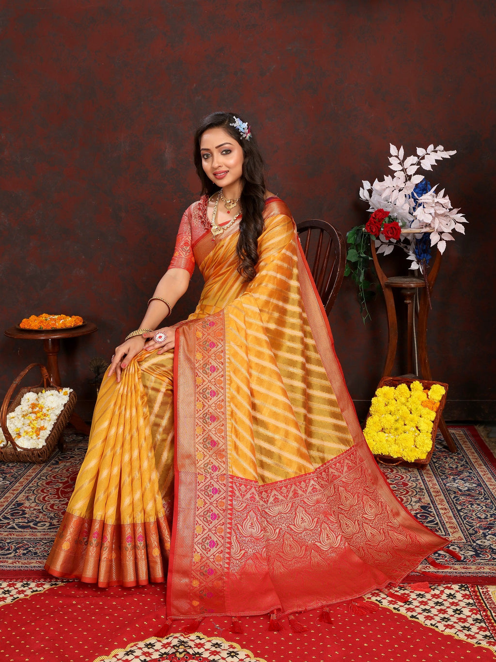 Vedant Vastram Mustard Color Kanjeevaram Organza Silk Saree - Mustard